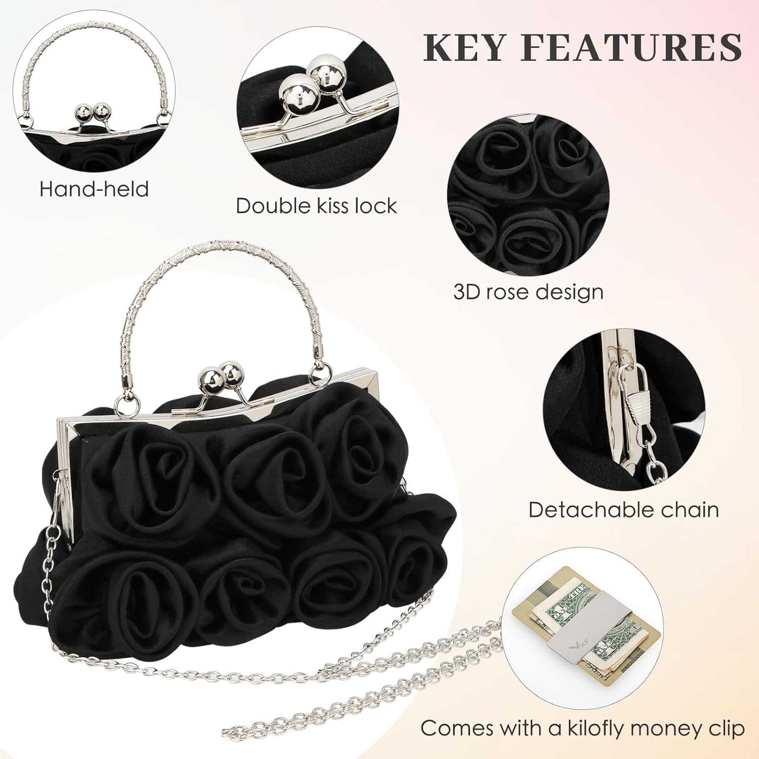 Detalle de Kilofly Missy K 7 Roses Satin Clutch Purse with Detachable Strap Money Clip