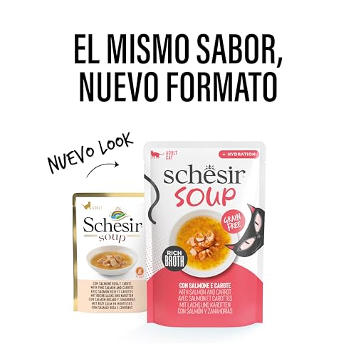 Detalle de Schesir Sopa con Filetes de Salmón y Zanahorias para Gatos – 12 x 40 g
