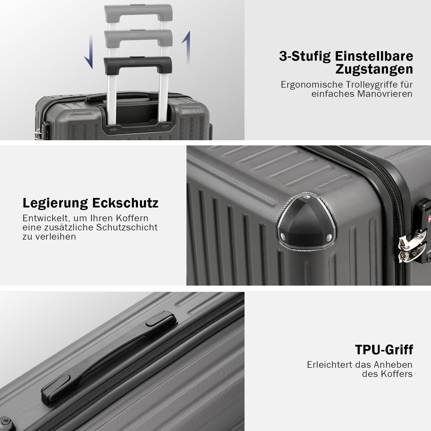 Detalle de COOLIFE Koffer Trolley-Koffer Hartschalen-Koffer 3-teiliges Set – Grau, TSA-Schloss, 4 Zwillingsrollen
