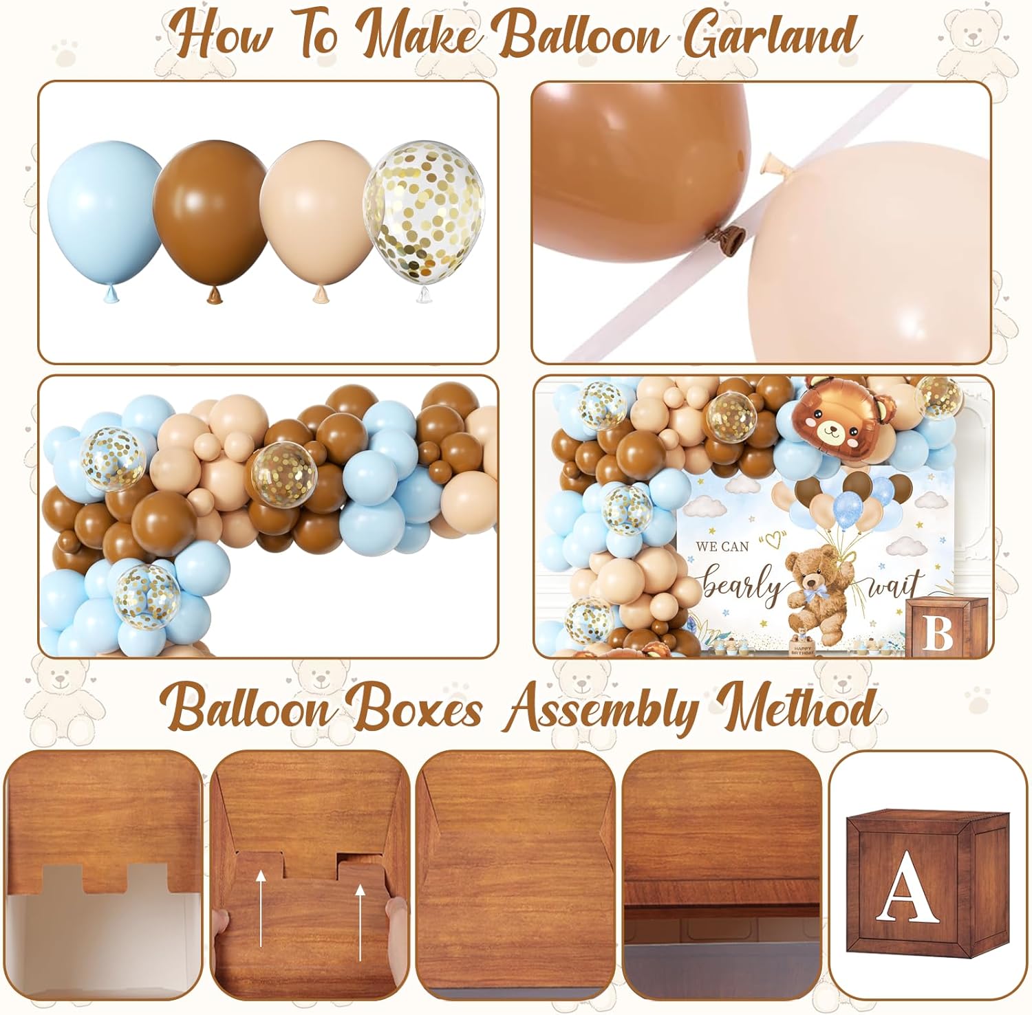 Thumbnail 6 de Blue Bear Baby Shower Decorations for Boy (124pcs) — “We Can Bearly Wait” Backdrop, Balloon Set & Wood Grain Baby Boxes