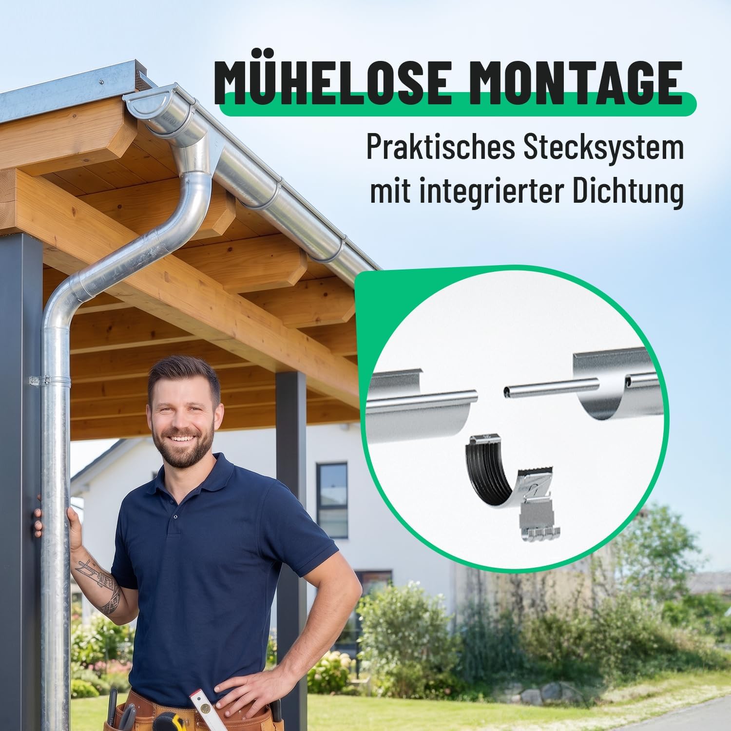 Thumbnail 2 de Greate Dachrinnen-Set 8,05 m mit verzinktem Fallrohr – robustes Komplettsystem für Haus, Gartenhaus und Carport