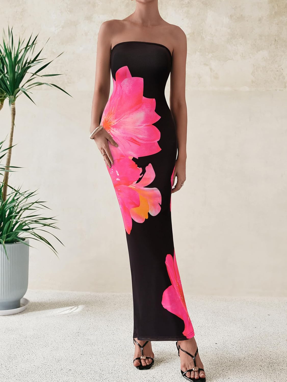 Detalle de PRETTYGARDEN Women Strapless Floral Mesh Maxi Dress with Bodycon Fit and Slit