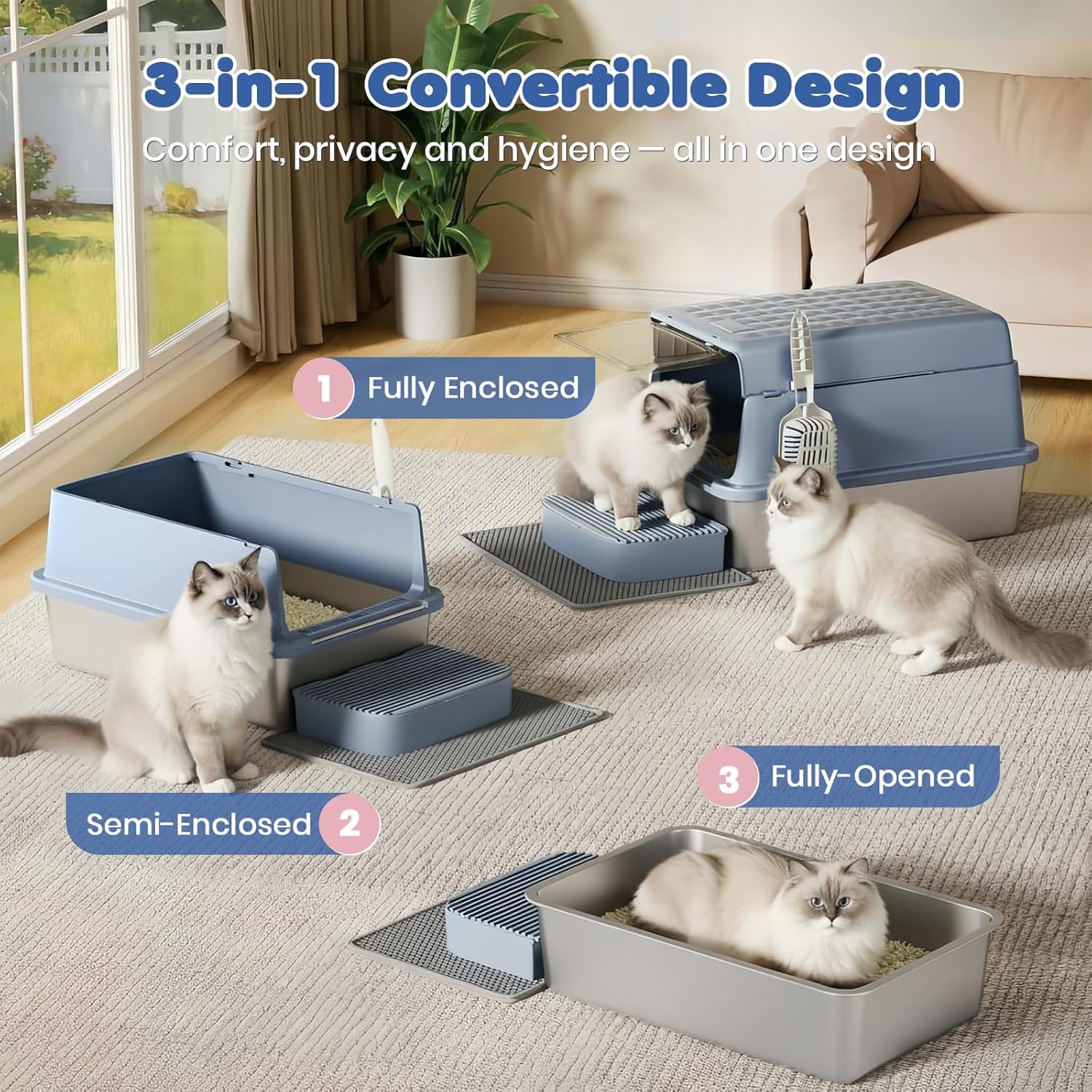 Detalle de Jumbo Stainless Steel Cat Litter Tray XXL 3-in-1 Enclosed Box with 120° Flip Lid – Grey