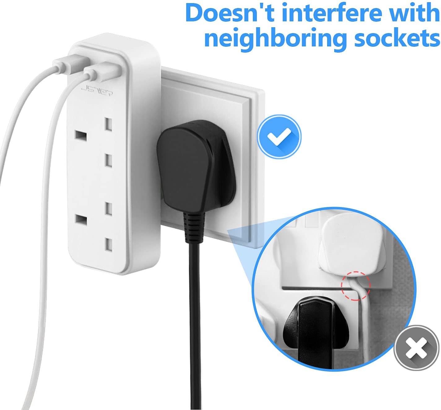 Detalle de JSVER Mini Double Plug Adaptor with 2 USB 2.4A