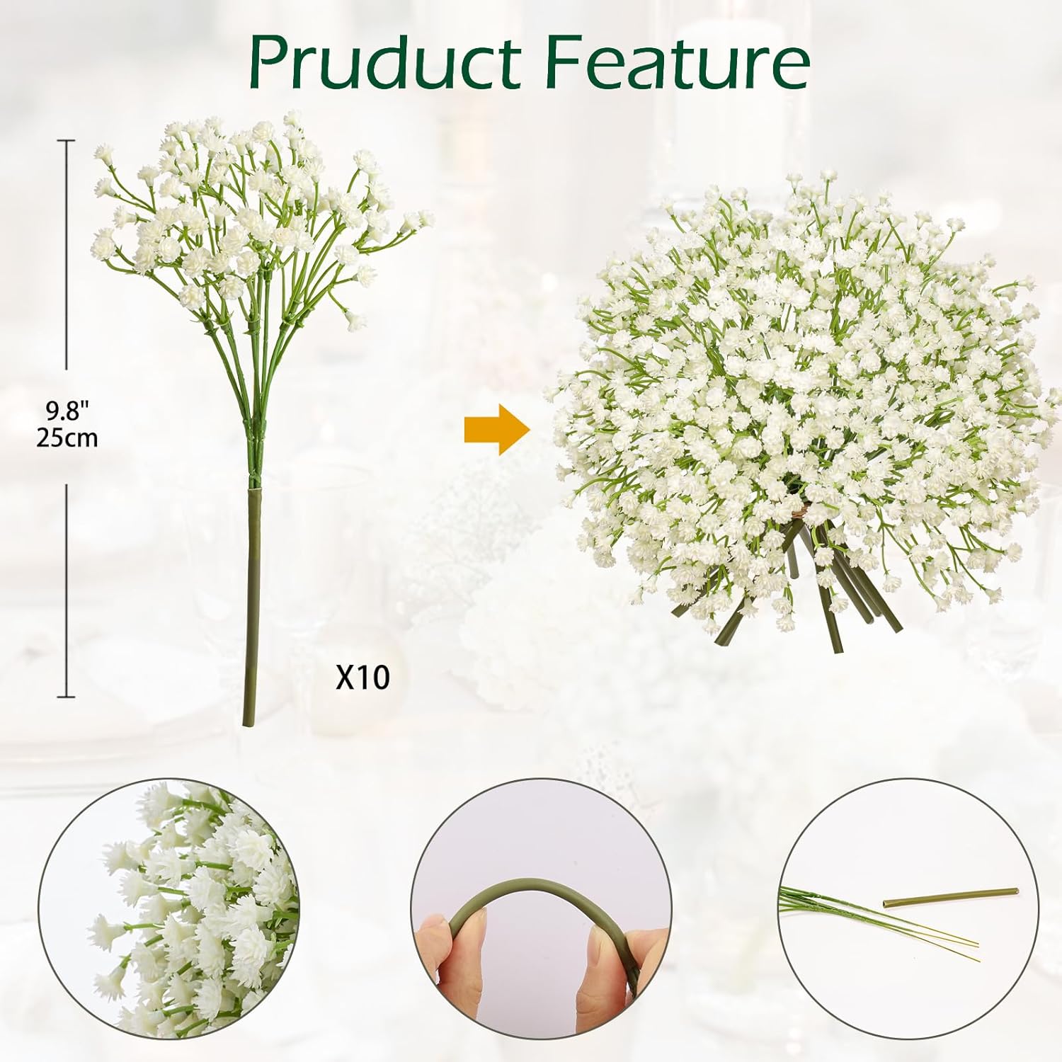 Thumbnail 1 de Briful 10er Set Schleierkraut (Gypsophila) als künstliche Blumen, 10 flexible Kunstzweige für Deko & Sträuße
