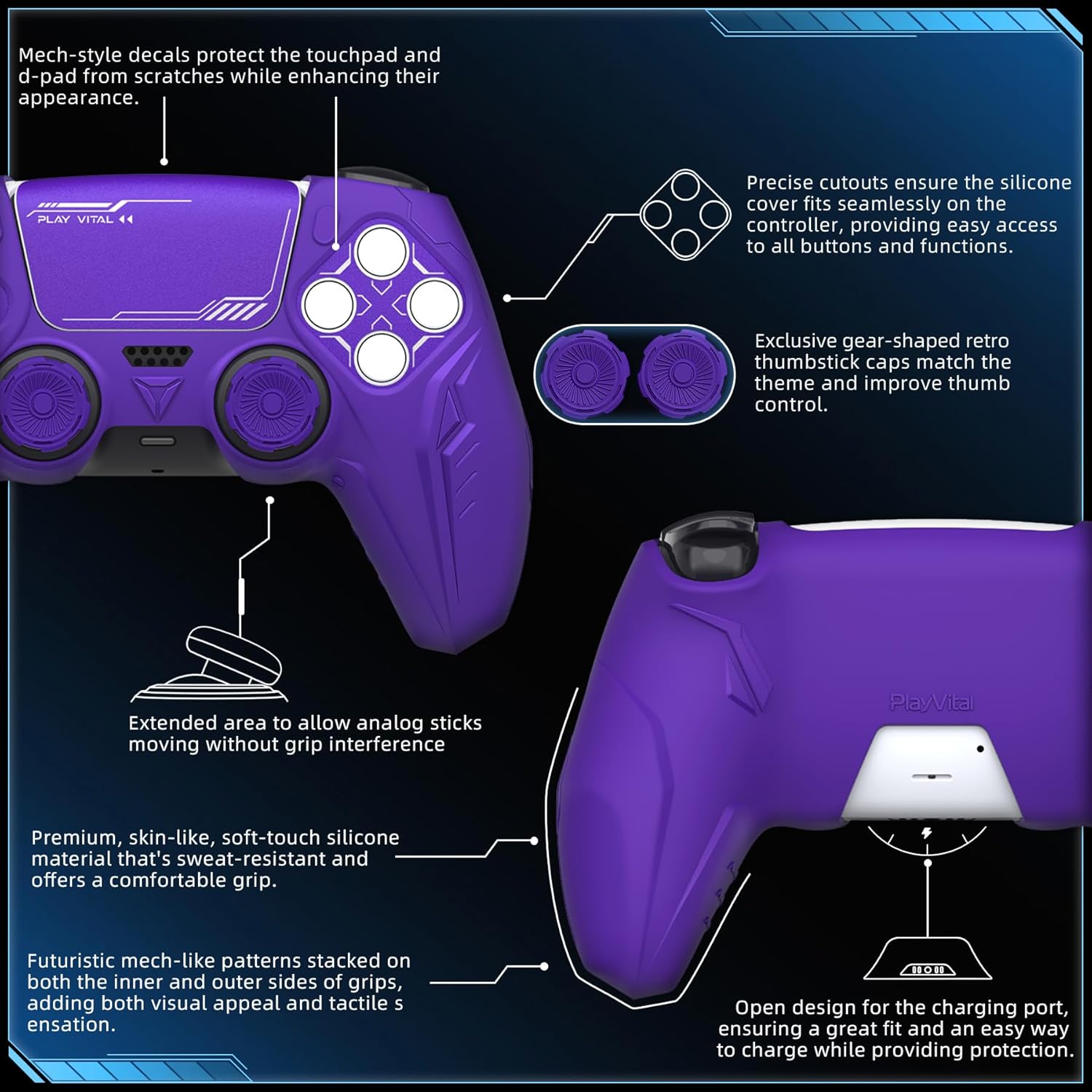 Thumbnail 2 de PlayVital PS5 Controller Silicone Grip Skin (CyberMech Purple) – Anti-slip protection for the official charging dock