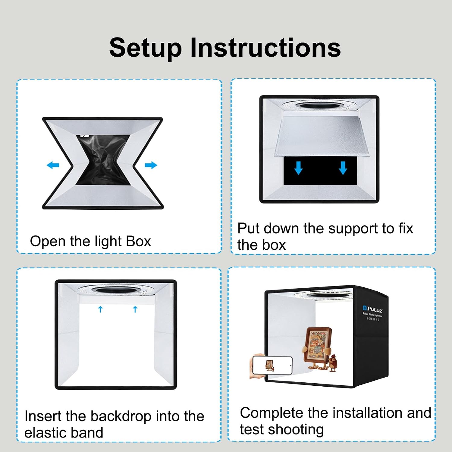 Detalle 2 de PULUZ 30 cm Fotostudio Lichtzelt (Fotobox) mit 112 dimmbaren LED & 6 Hintergründen – für Produktfotos