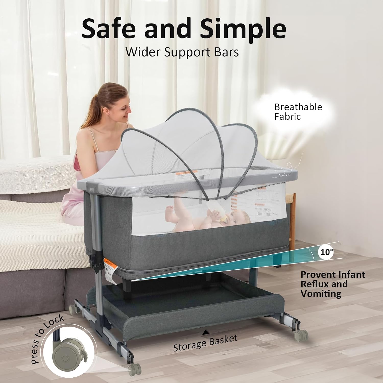 Detalle 1 de cutebeams HB608-1 4-in-1 Baby Bassinet with Playpen, Adjustable Height and Rocking