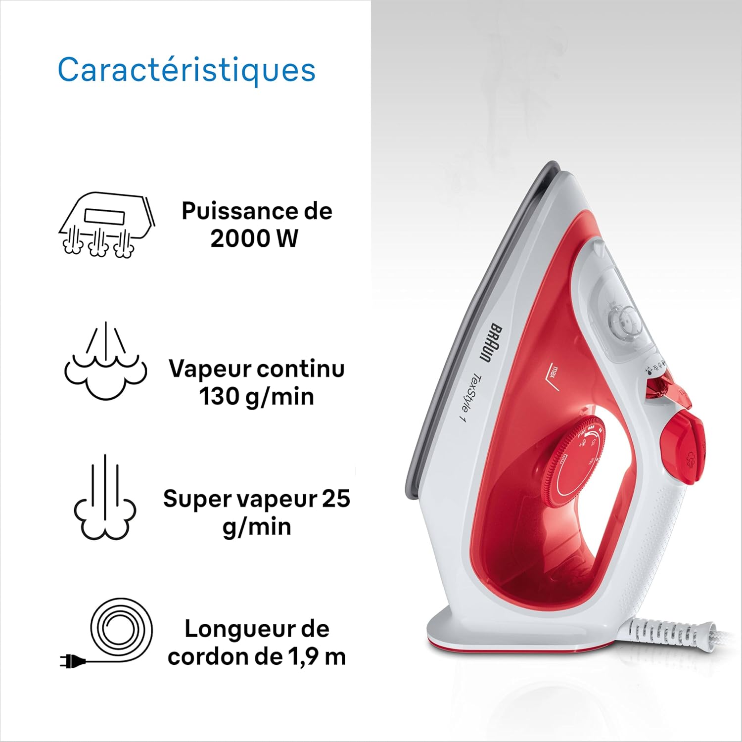 Thumbnail 3 de Braun TexStyle 1 – Fer à Repasser Vapeur Puissant et Léger (1900 W) avec Semelle Antiadhésive