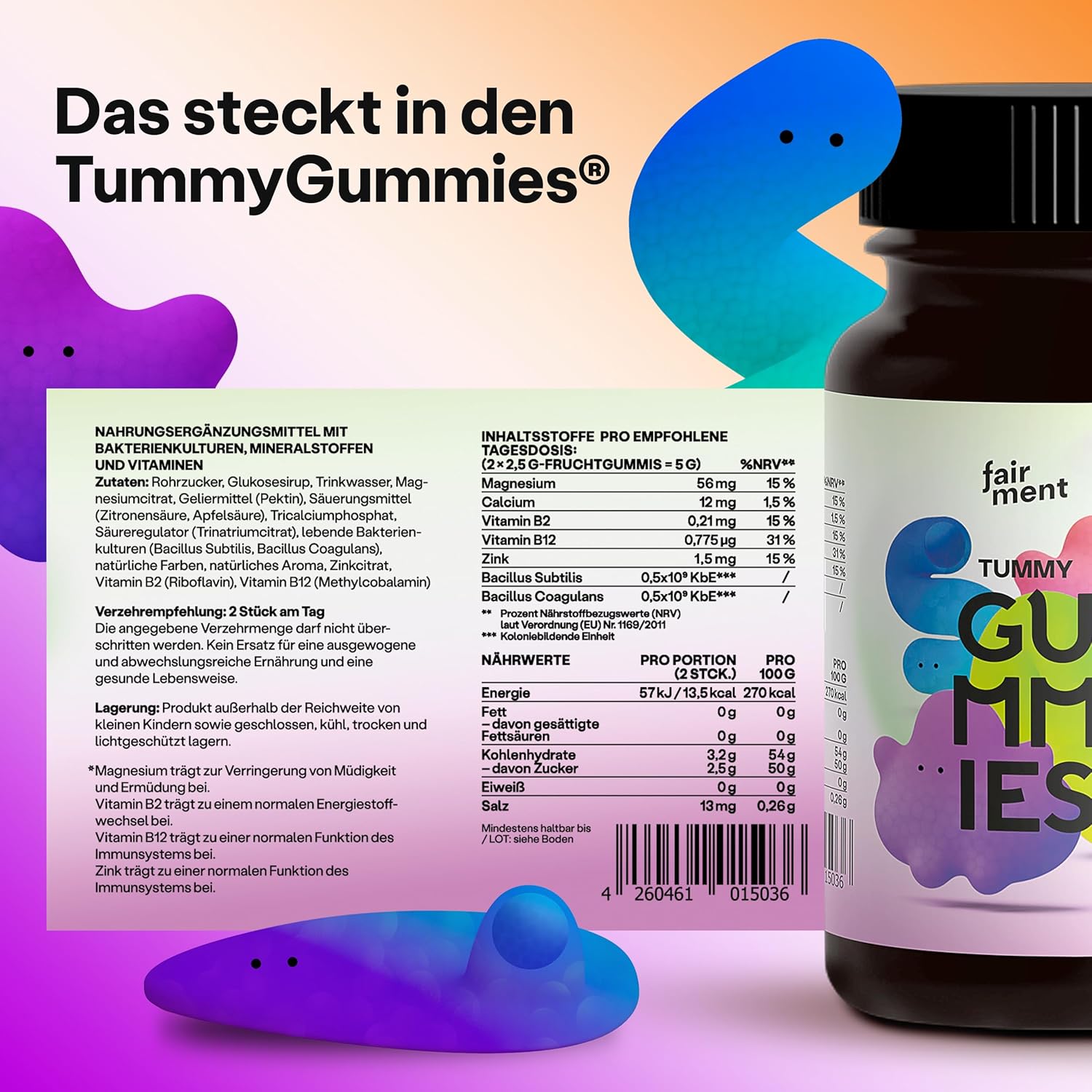 Thumbnail 4 de fairment Tummy Gummies mit probiotischen Kulturen, Magnesium, Zink sowie B2 & B12 – 60 Gummibärchen