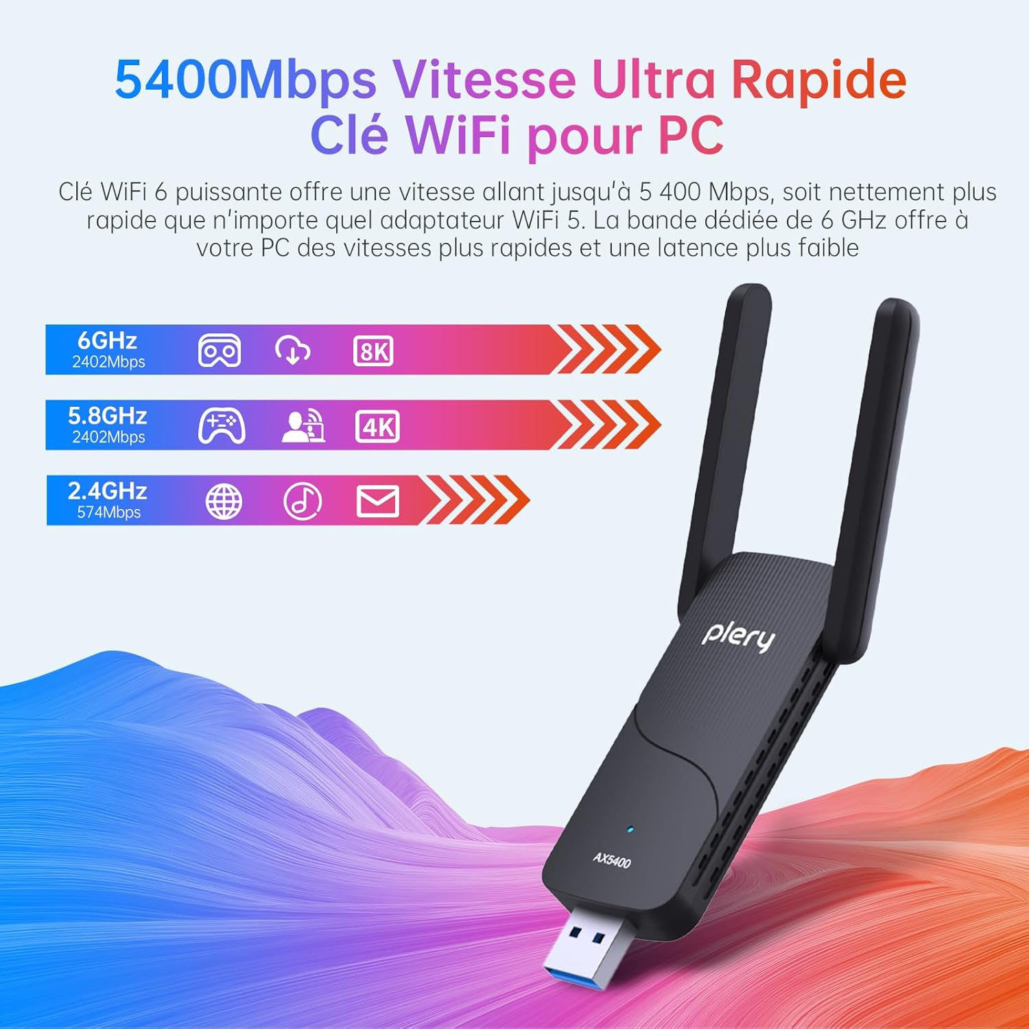 Detalle de PLERY 5400Mbps Clé WiFi 6 Puissante – Clé USB Tri-Bande 6GHz/5GHz/2,4GHz pour PC