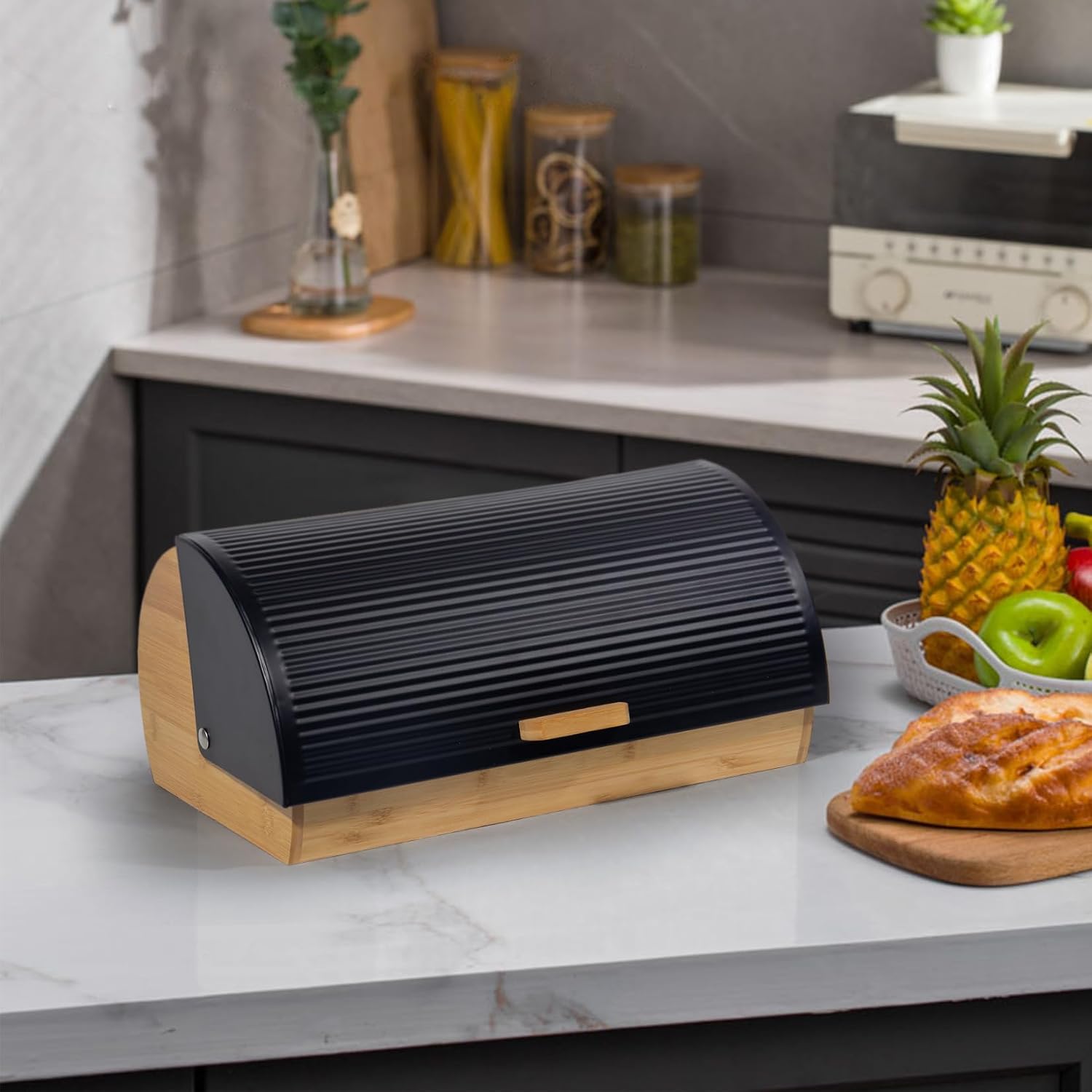 Detalle 2 de GREELUE Brotkasten Metall Holz 39 cm