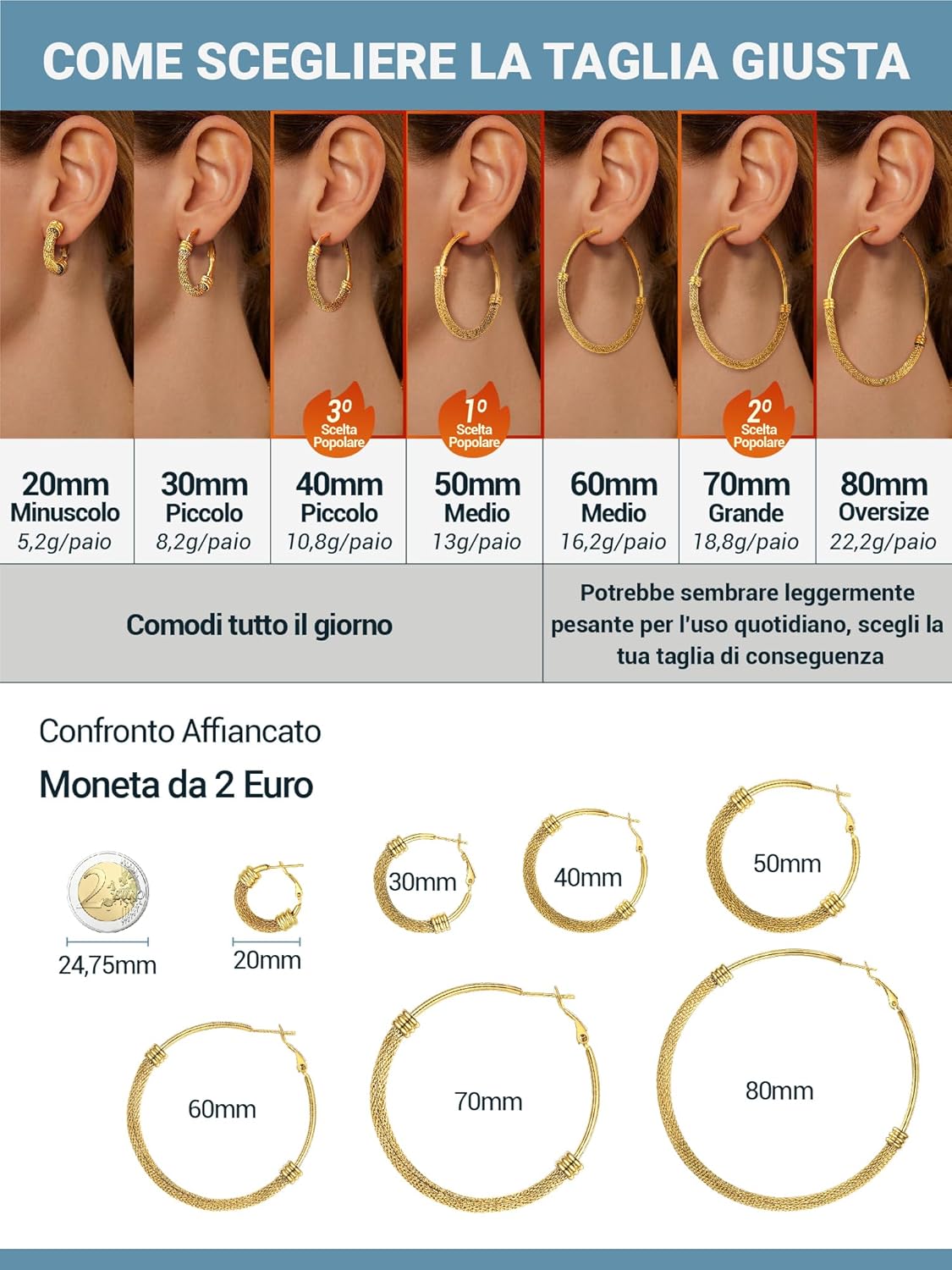 Thumbnail 4 de PROSTEEL orecchini a cerchio a maglia metallica in acciaio ipoallergenico 20–80 mm (argento, nero, oro)