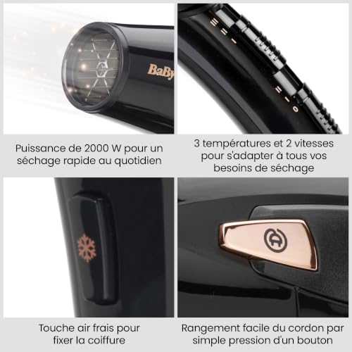 Detalle de BaByliss Sèche-cheveux Cordkeeper 2000W – Sèche-cheveux puissant avec cordon rétractable