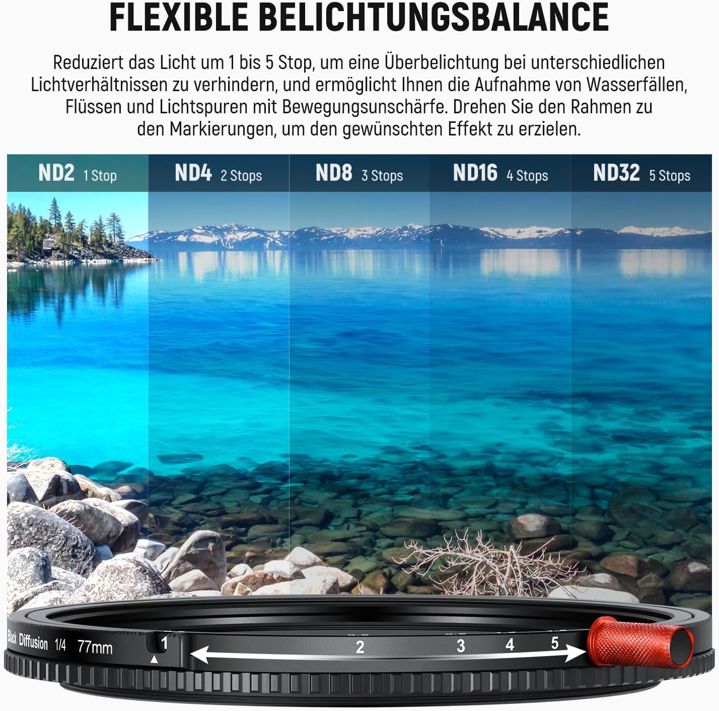 Detalle de NEEWER 77mm 3-in-1 Filter: ND/CPL/Black Diffusion – hochwertiger 77mm Mehrfachfilter