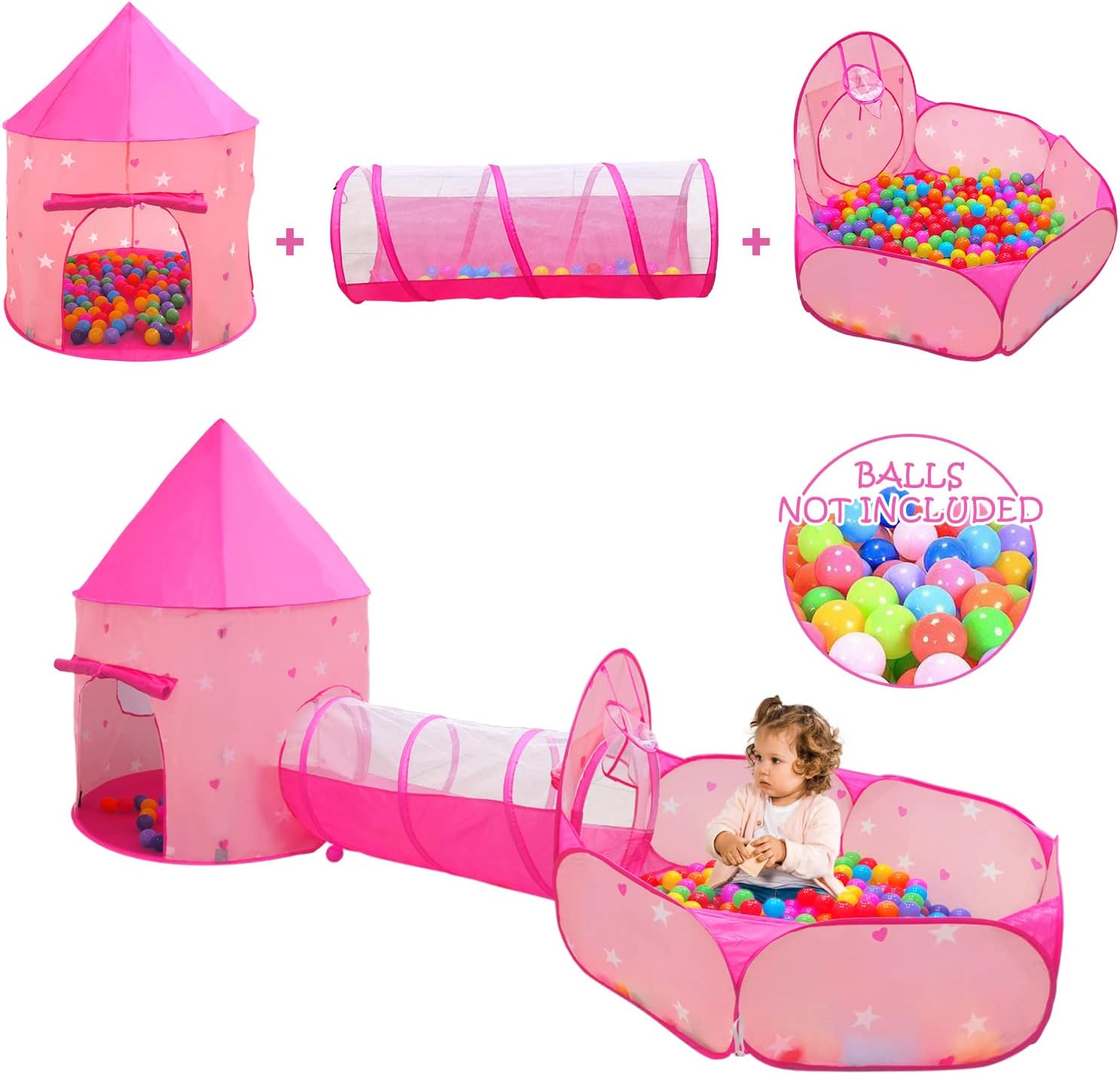 Thumbnail 6 de GeerWest 3-Piece Princess Tent for Girls with Ball Pit and Crawl Tunnel (Pink) – Indoor & Outdoor 3-in-1 Playhouse