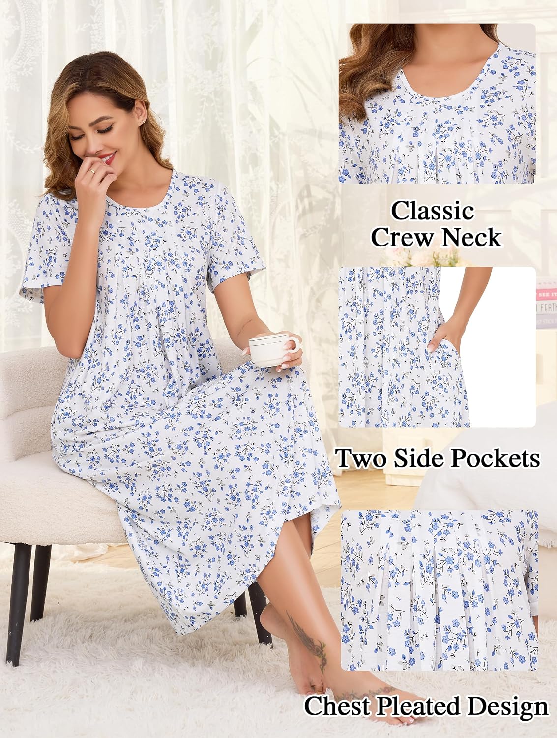 Thumbnail 4 de Vlazom Women's Long Nightgown with Pleats – Soft Modal, Two Pockets, Short Sleeves