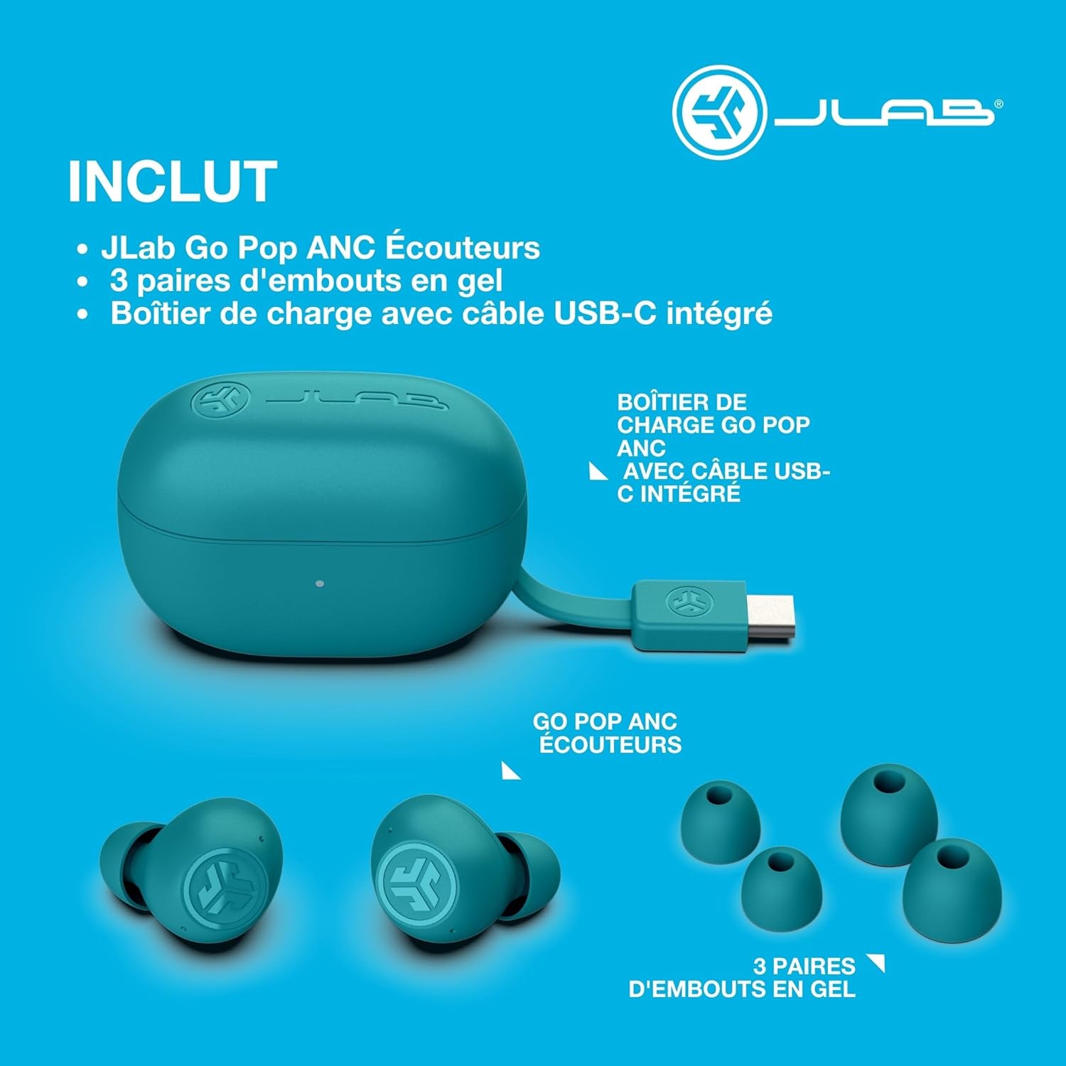 Thumbnail 5 de JLab Go Pop ANC : écouteurs Bluetooth intra-auriculaires avec réduction de bruit, 24+ h d’autonomie et multipoint