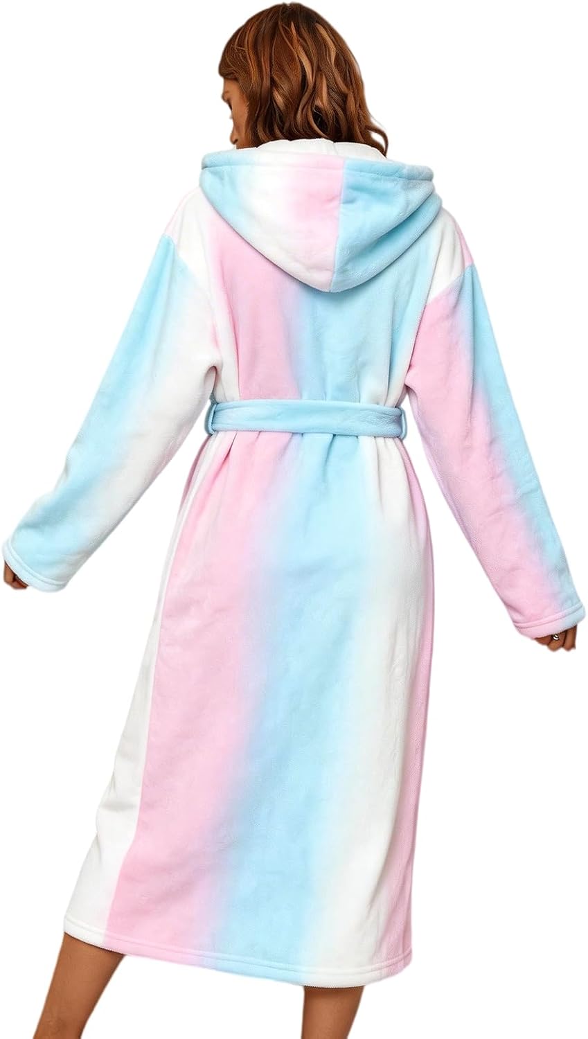Detalle de RONGTAI Plush Fleece Hooded Bathrobe for Women – 300GSM Thick Flannel, Pockets, Mid-Calf Length