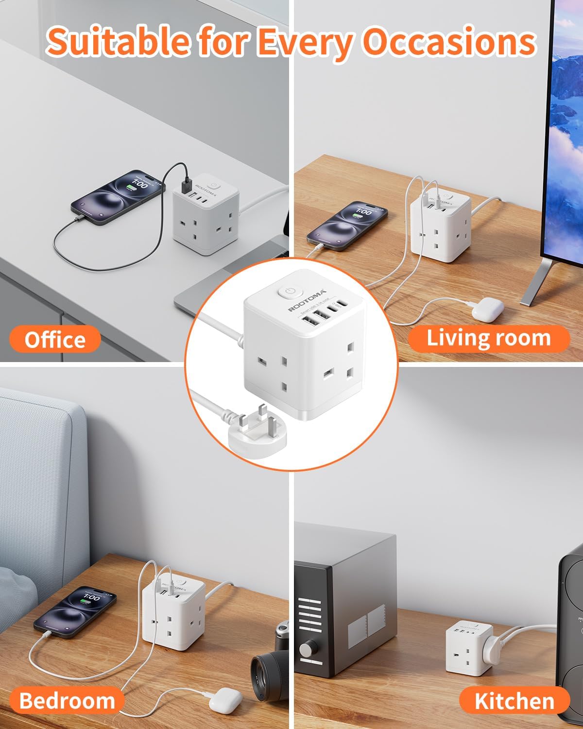 Thumbnail 6 de Extension Lead 5m with USB Slots – 3-Way Cube Power Extension with 4 USB (13A/3250W)