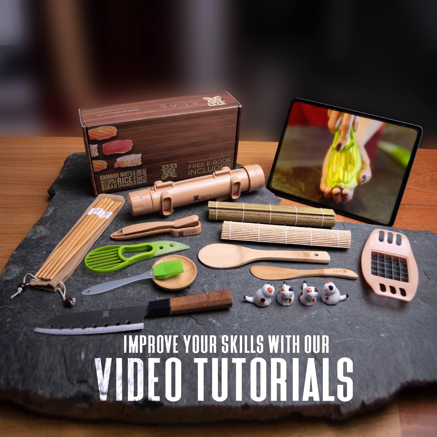 Detalle de Alas Complete 20-Piece Sushi Making Set (Knife, Mats, Rice Bazooka & More) for Beginners and Pros