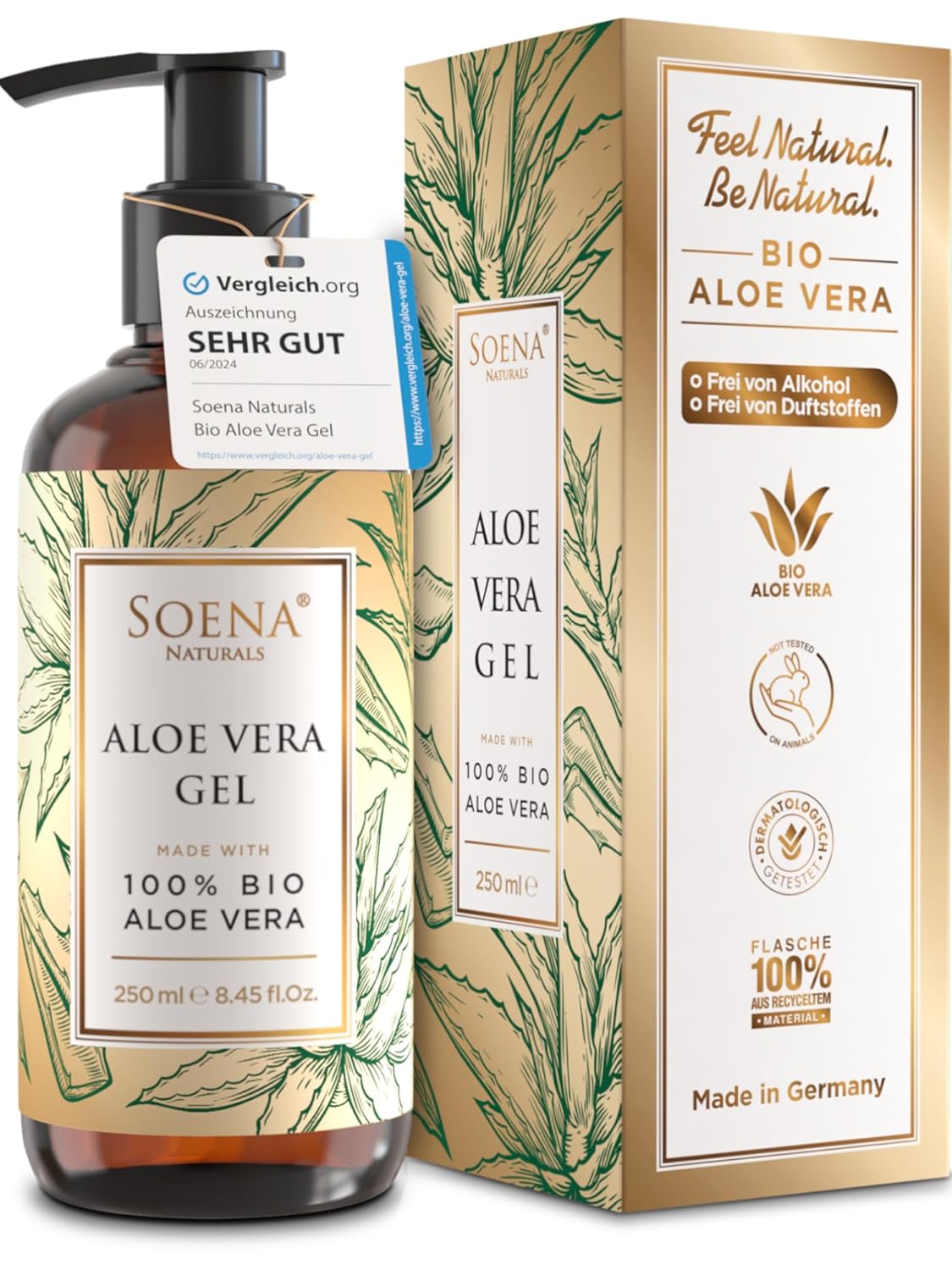 Detalle de Soena® Aloe Vera Gel mit 100% BIO Aloe Vera (96% Aloe, ohne Alkohol & Duftstoffe) – Feuchtigkeitspflege, 250 ml