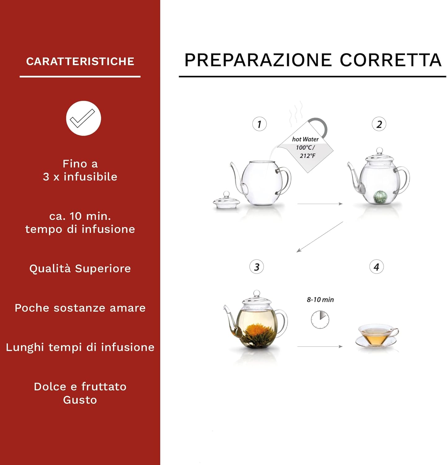 Thumbnail 2 de Creano Set Regalo Fiori di Tè in scatola di legno a cuore con teiera in vetro 500 ml e 6 tè bianco