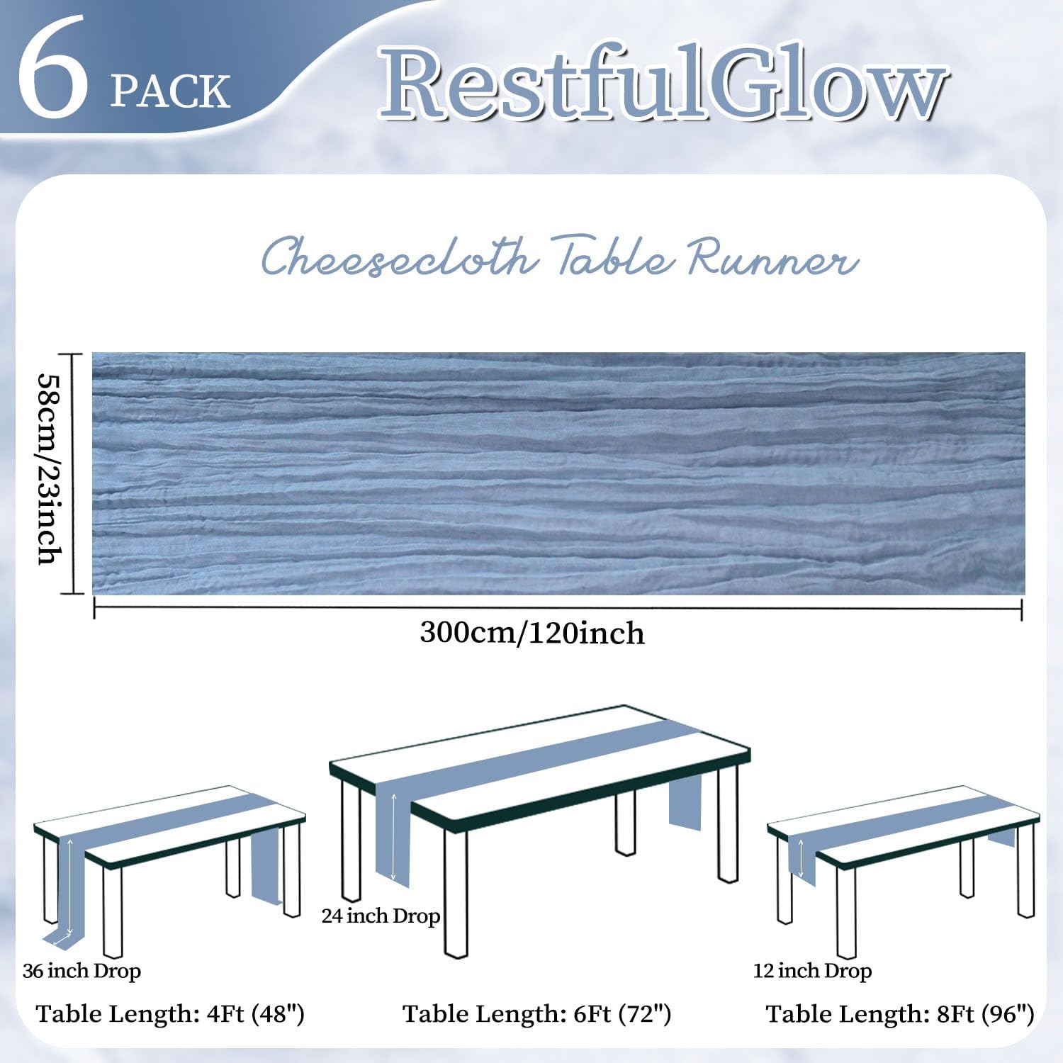 Thumbnail 1 de RestfulGlow 6-Pack Dusty Blue Cheesecloth Table Runner Set (10 ft) — Boho Gauze for Parties, Weddings & Baby Showers