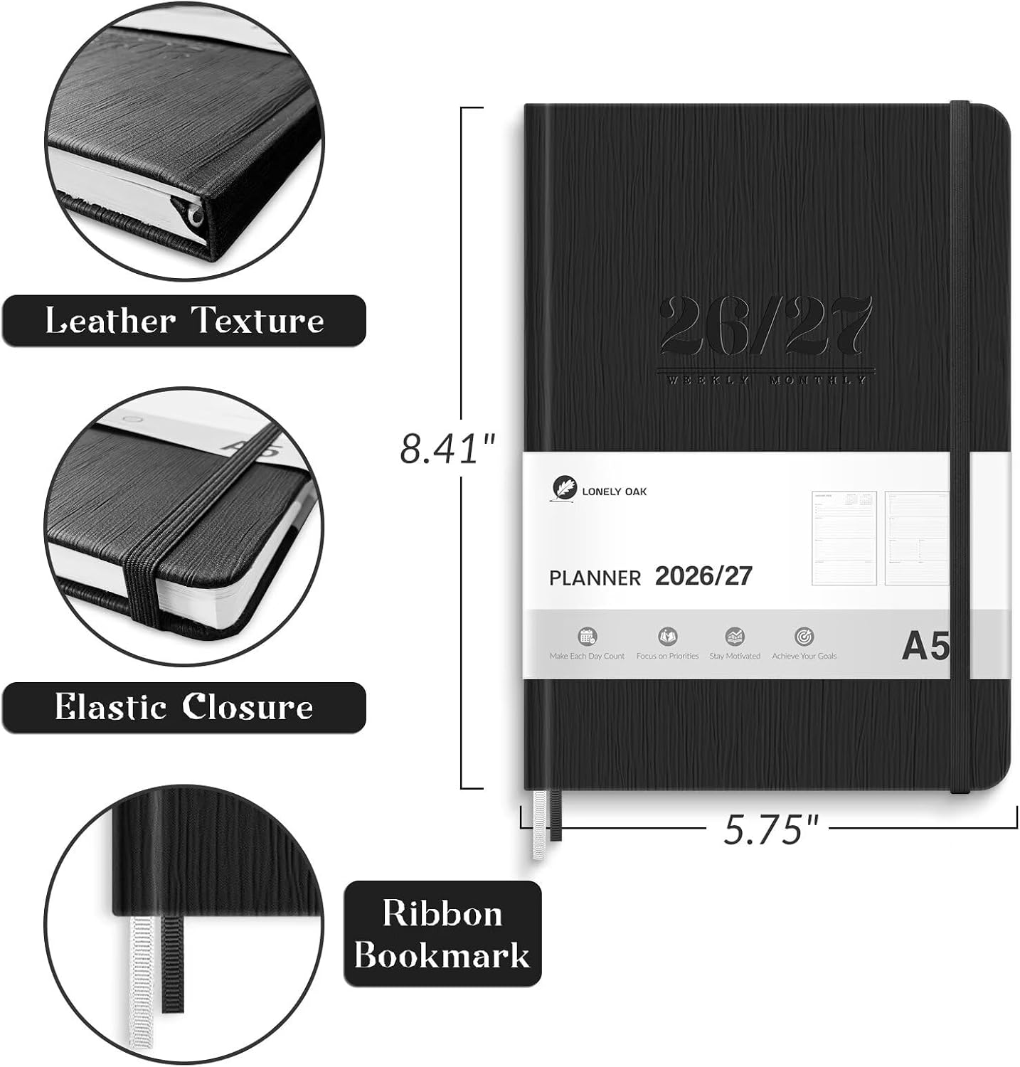 Detalle 2 de Lonely Oak 2026-2027 A5 Academic Planner, Black Faux-Leather Cover