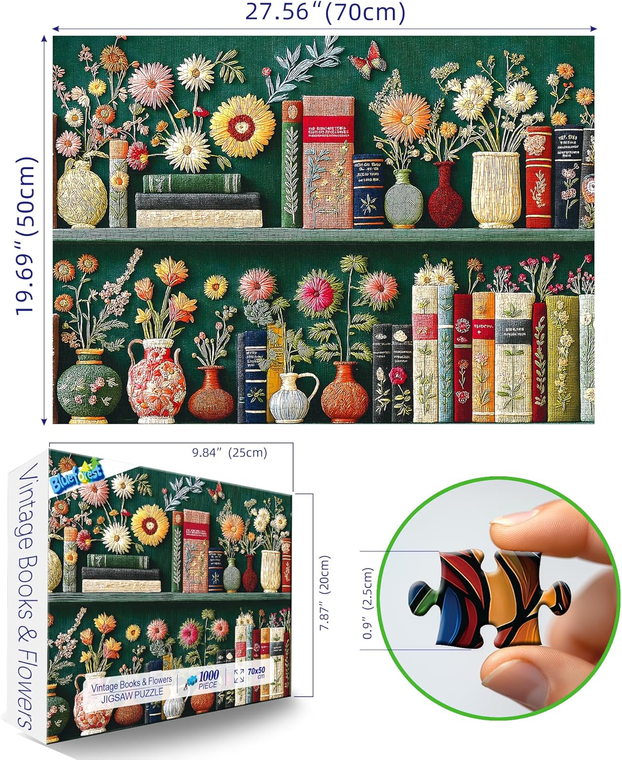 Thumbnail 1 de Blueforest 1000 Piece Jigsaw Puzzle: Vintage Embroidery Books & Flowers with Back-Labeled Pieces