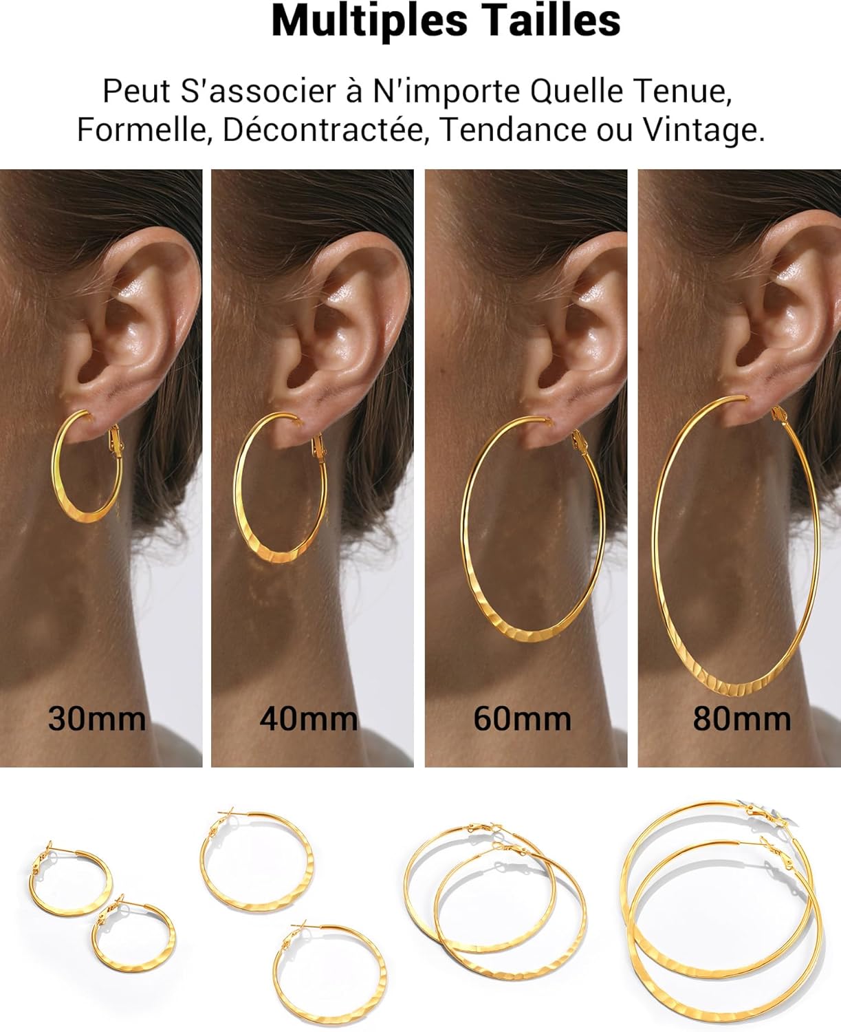 Thumbnail 6 de PROSTEEL Boucles d’oreilles créoles femme en acier inoxydable 316L (40 mm) – anneau plat, plaqué or jaune ou noir