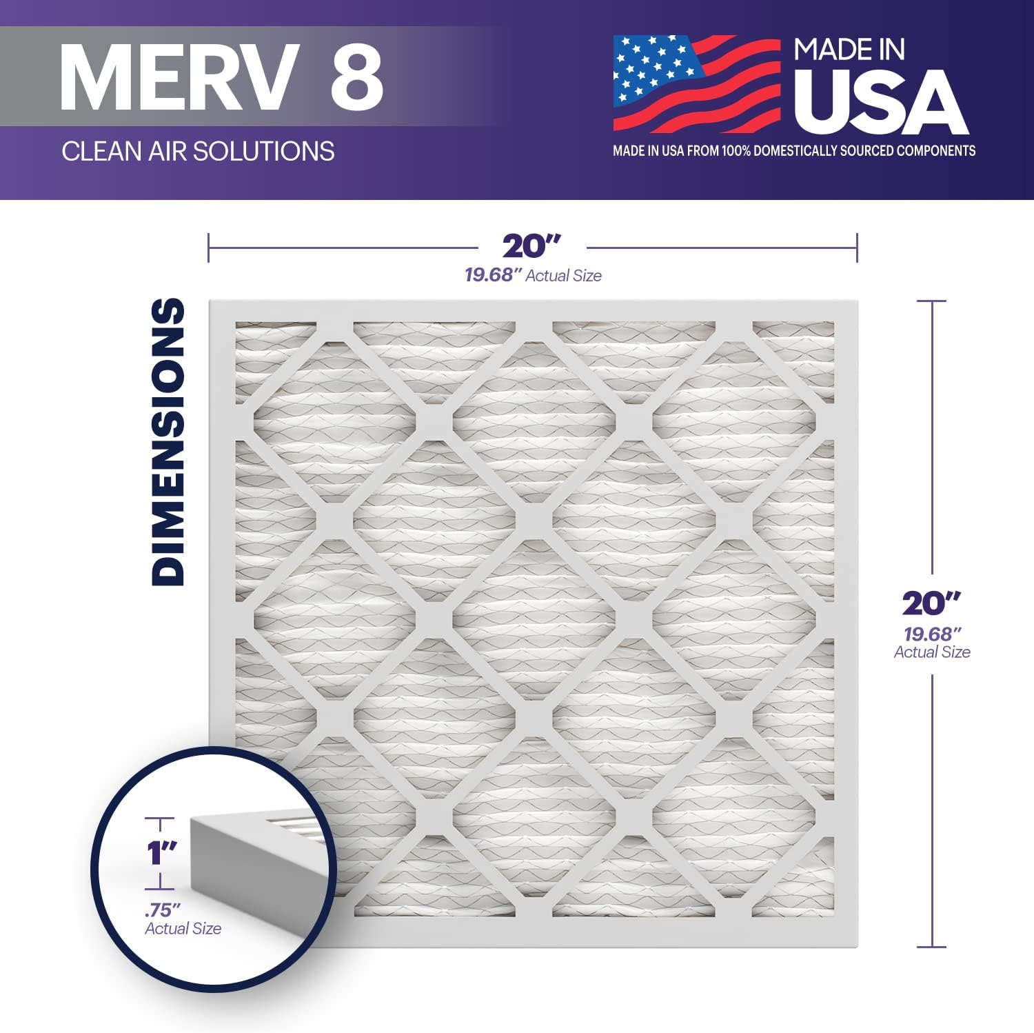 Thumbnail 1 de BNX TruFilter 20x20x1 MERV 8 Air Filter (6-Pack) for HVAC, AC & Furnace — Electrostatic Pleated, Dust & Pet Defense