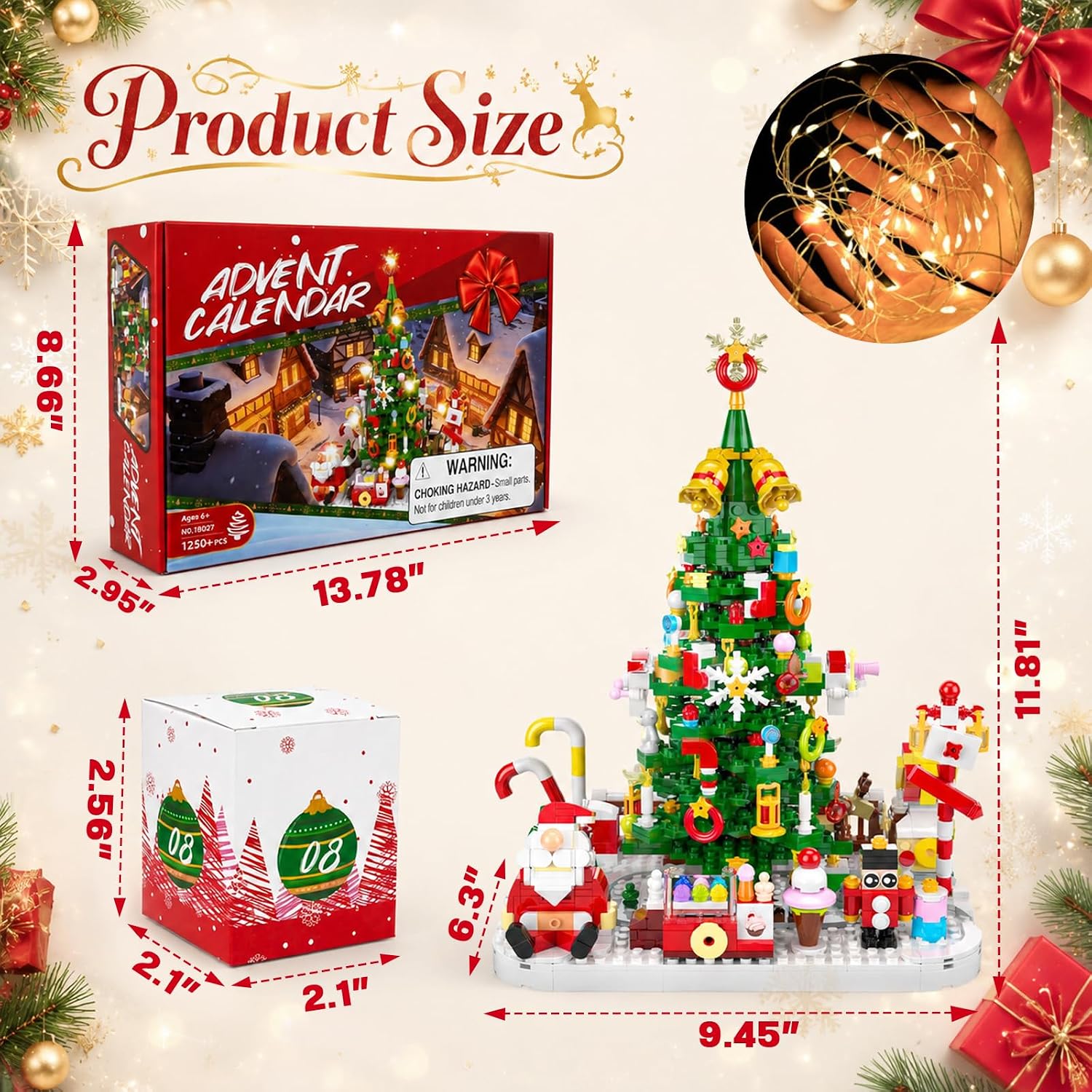 Detalle de MYDOVA ZZ-AC112 adventskalender met kerstboom-bouwset en LED-lichtslinger