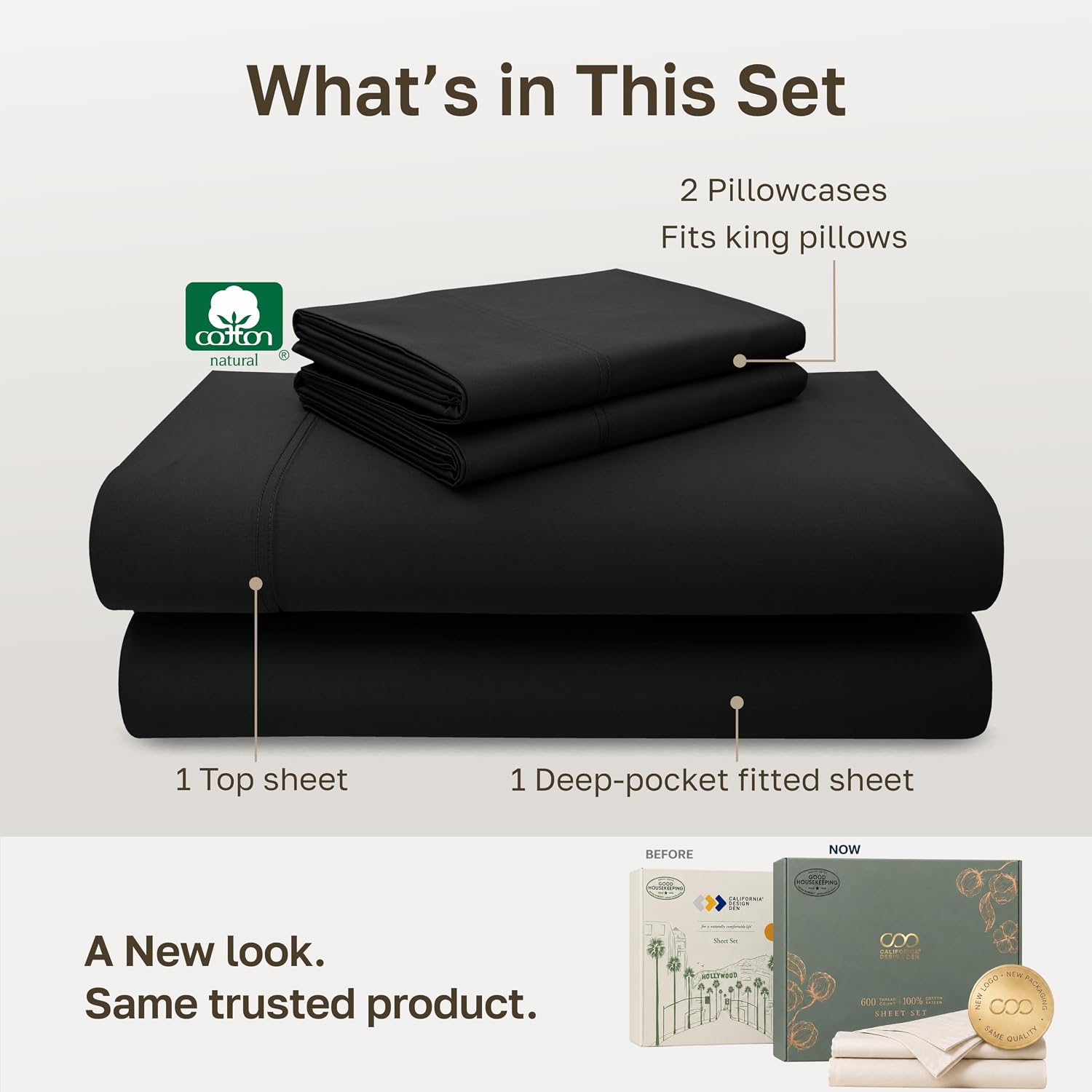 Detalle de California Design Den 840307190369 King Cotton Sateen Sheets, 600 Thread Count, Black
