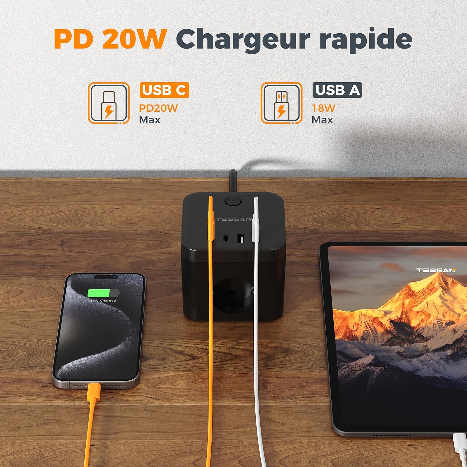 Detalle 2 de TESSAN Multiprise cube 7 en 1 avec PD 20W