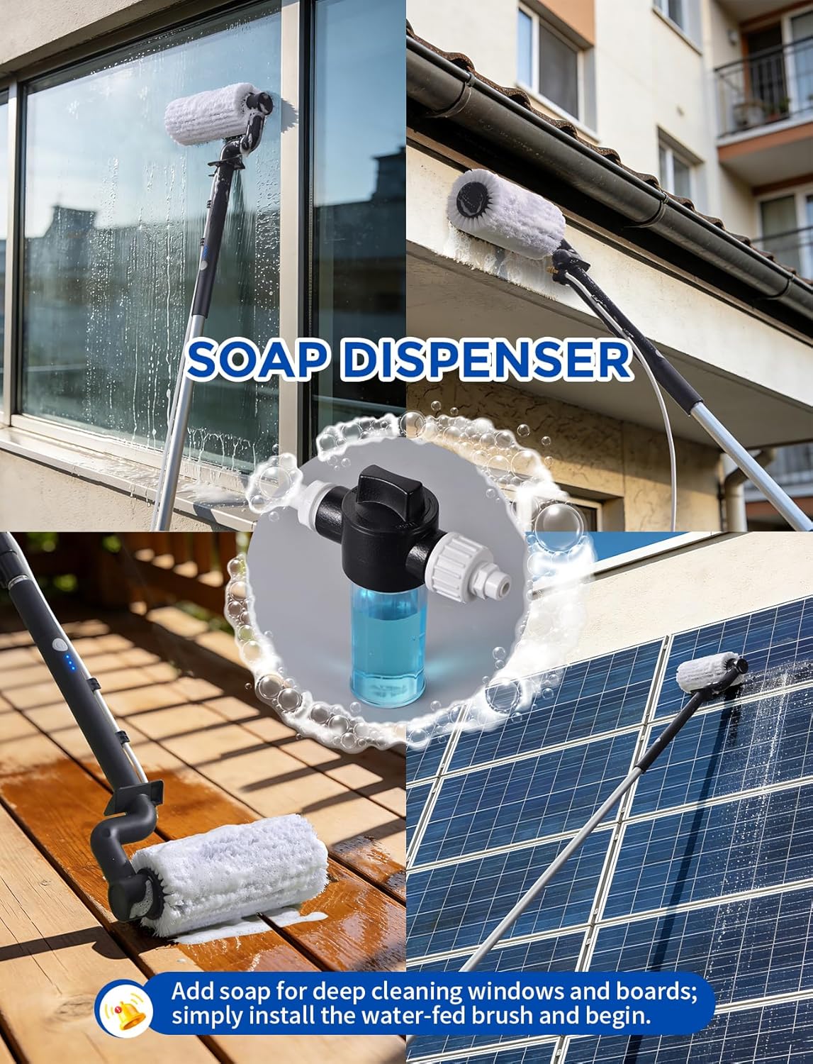 Detalle 2 de Electric Solar Panel Cleaning Brush and Pole Kit (6.2M) with Soap Dispenser & Telescopic Water Fed Pole