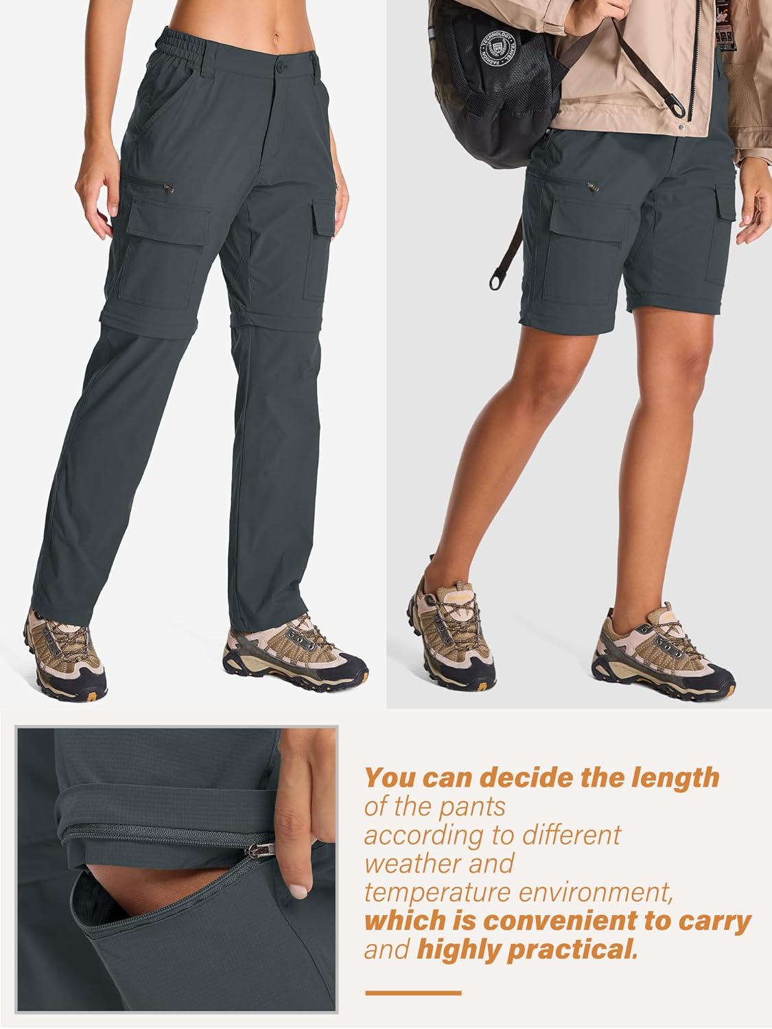 Detalle de Womens Convertible Quick-Dry Hiking Pants with Zip-Off Legs and Cargo Pockets