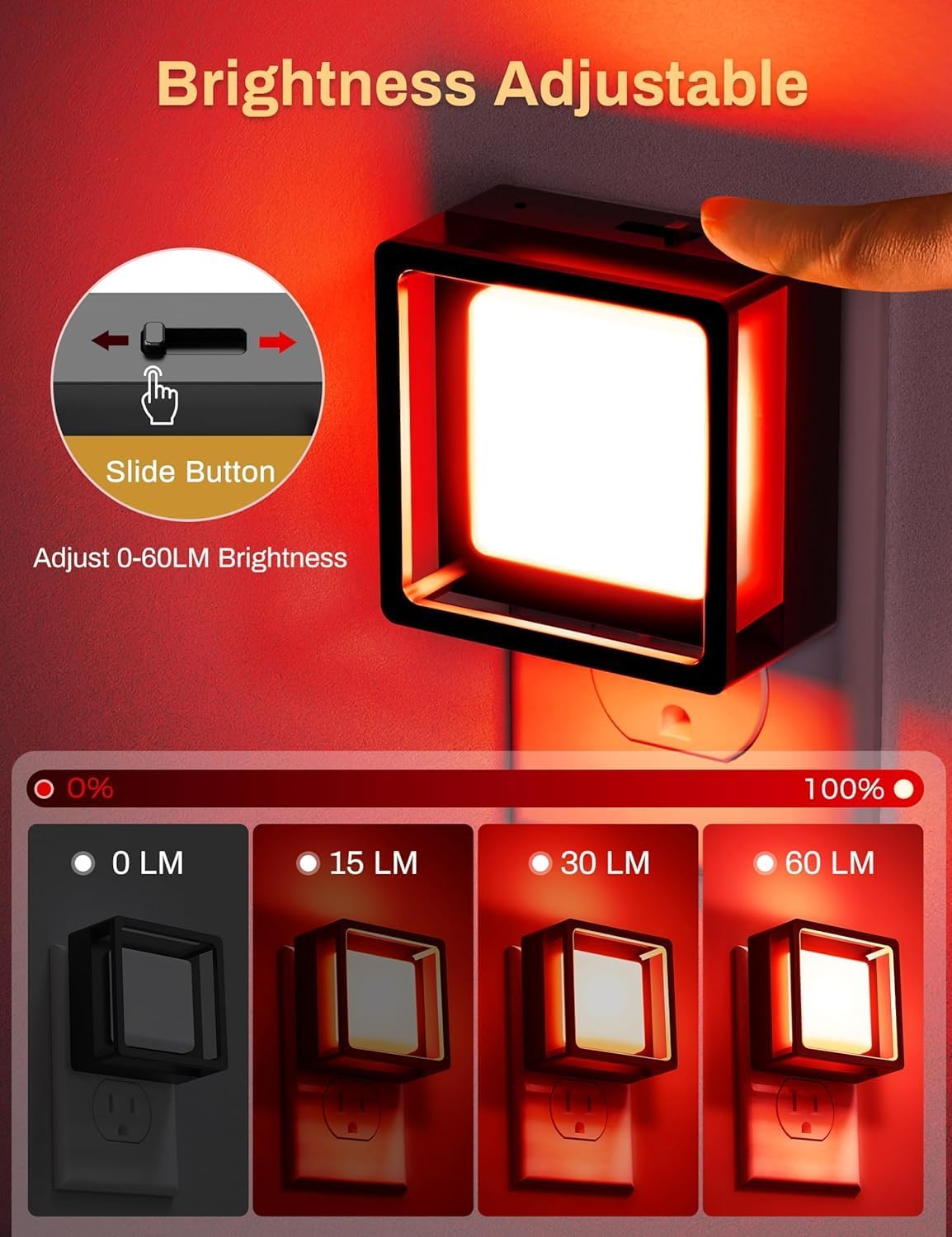 Detalle 2 de L LOHAS LED GD033 Red Plug-In Night Lights, Dimmable, Dusk-to-Dawn Sensor, 2-Pack