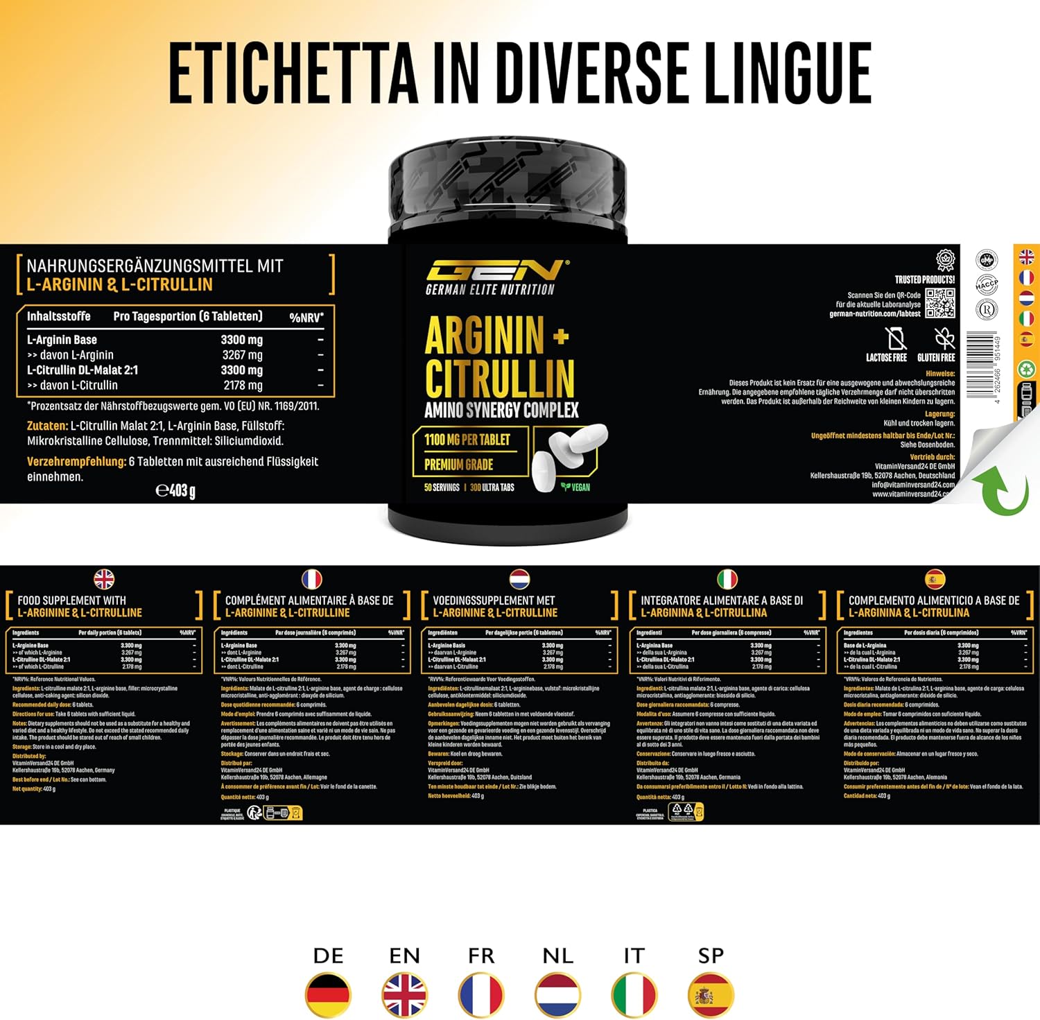 Thumbnail 5 de L-Arginina + L-Citrullina Ultra Compresse – 300 compresses 1100 mg, formula ad alto dosaggio vegan