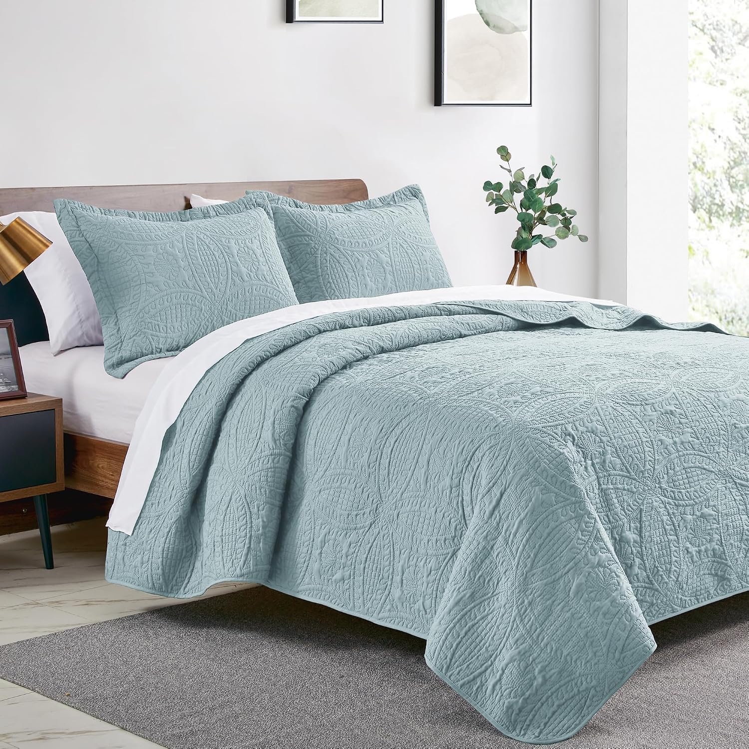 Thumbnail 1 de Love's cabin Spa-Blue Full/Queen Quilt Set, Lightweight Microfiber, Coin Pattern