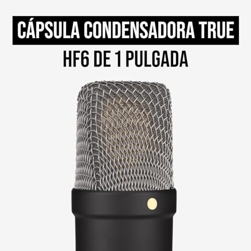 Detalle de RØDE NT1 Signature Series: micrófono de condensador de gran diafragma con soporte antivibraciones, filtro antipop y cable XLR