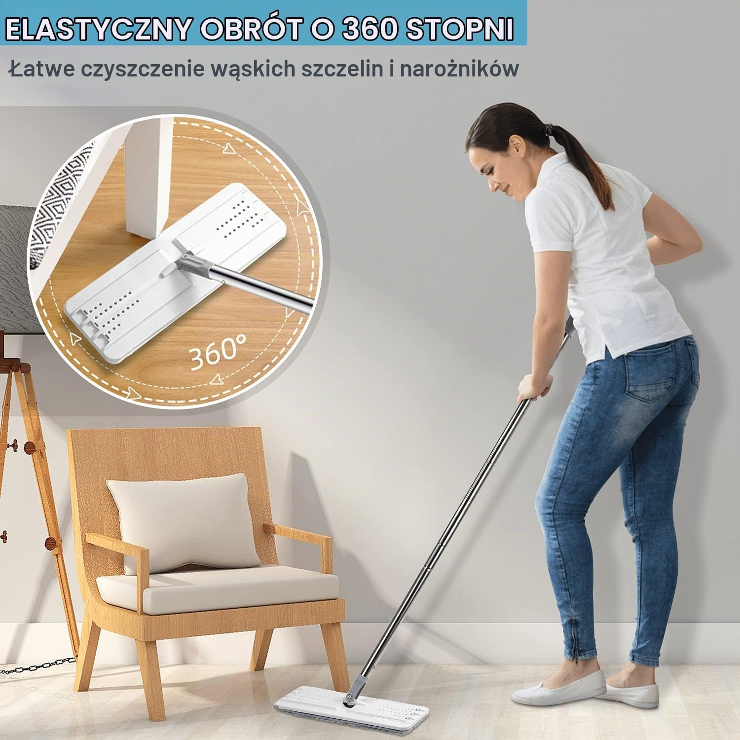 Detalle de BOSHENG płaski mop z wiadrem, obrotową głowicą 360° i 8 nakładkami