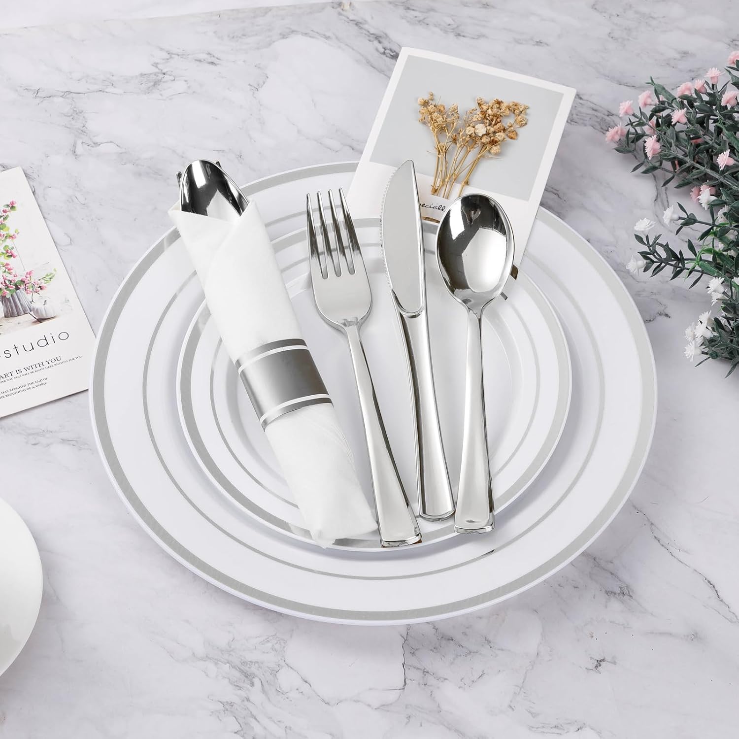 Detalle 2 de BESTVIP YS-350 350-Piece Silver Plastic Dinnerware Set for 50 Guests