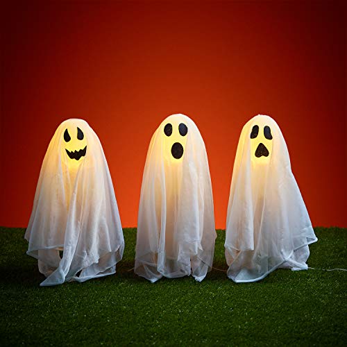 Detalle 1 de Lights4fun 3er-Set Halloween Geister – Geister-Stableuchten mit Erdspieß, batteriebetrieben, IP44
