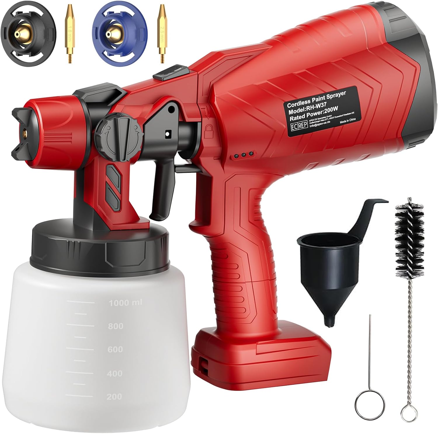 Detalle de GGiking accu-verfspuitsysteem voor Milwaukee M18, 2 sproeiers en 1-liter tank