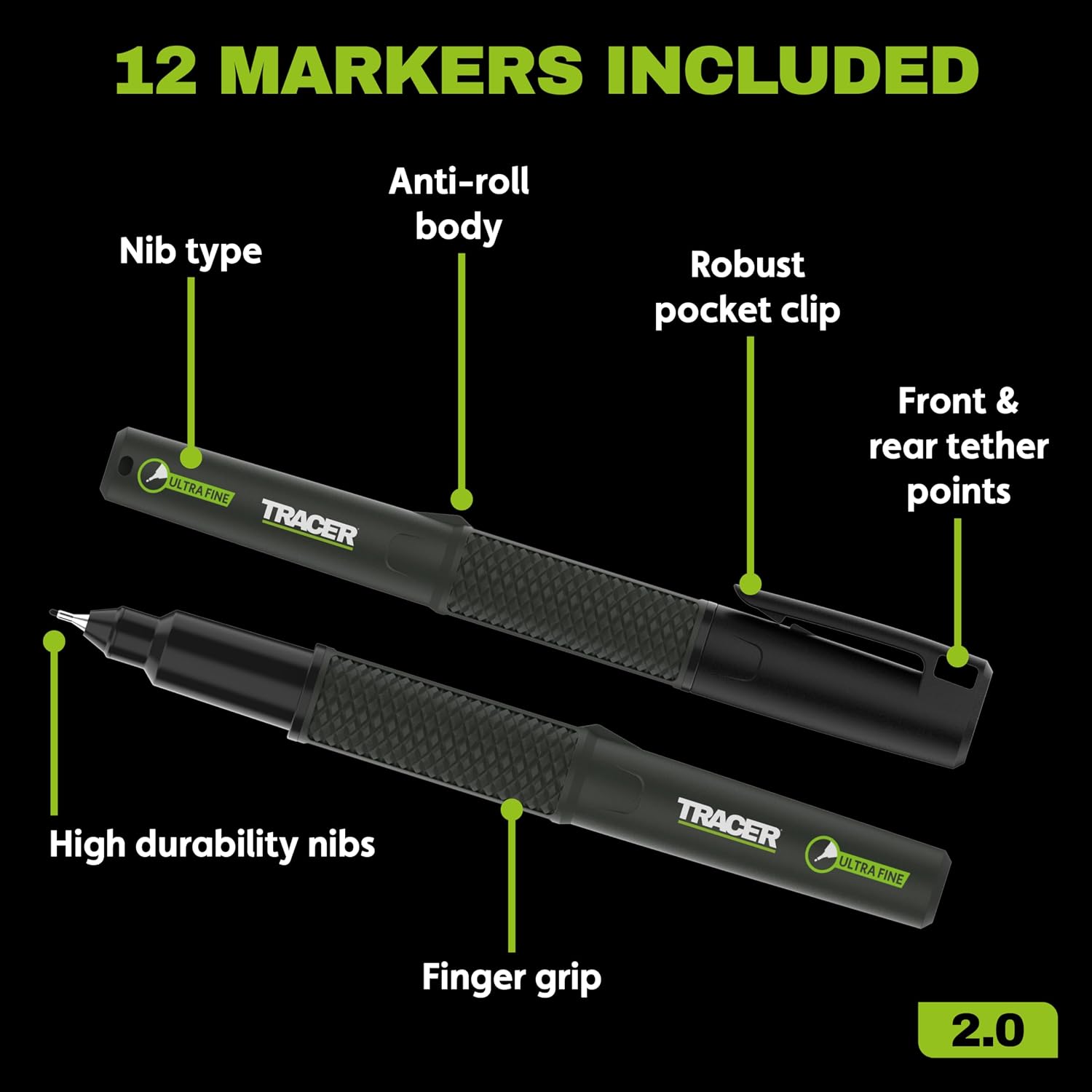 Detalle 2 de Tracer 2.0 Ultra Fine Tip Black Permanent Markers (12 Pack)