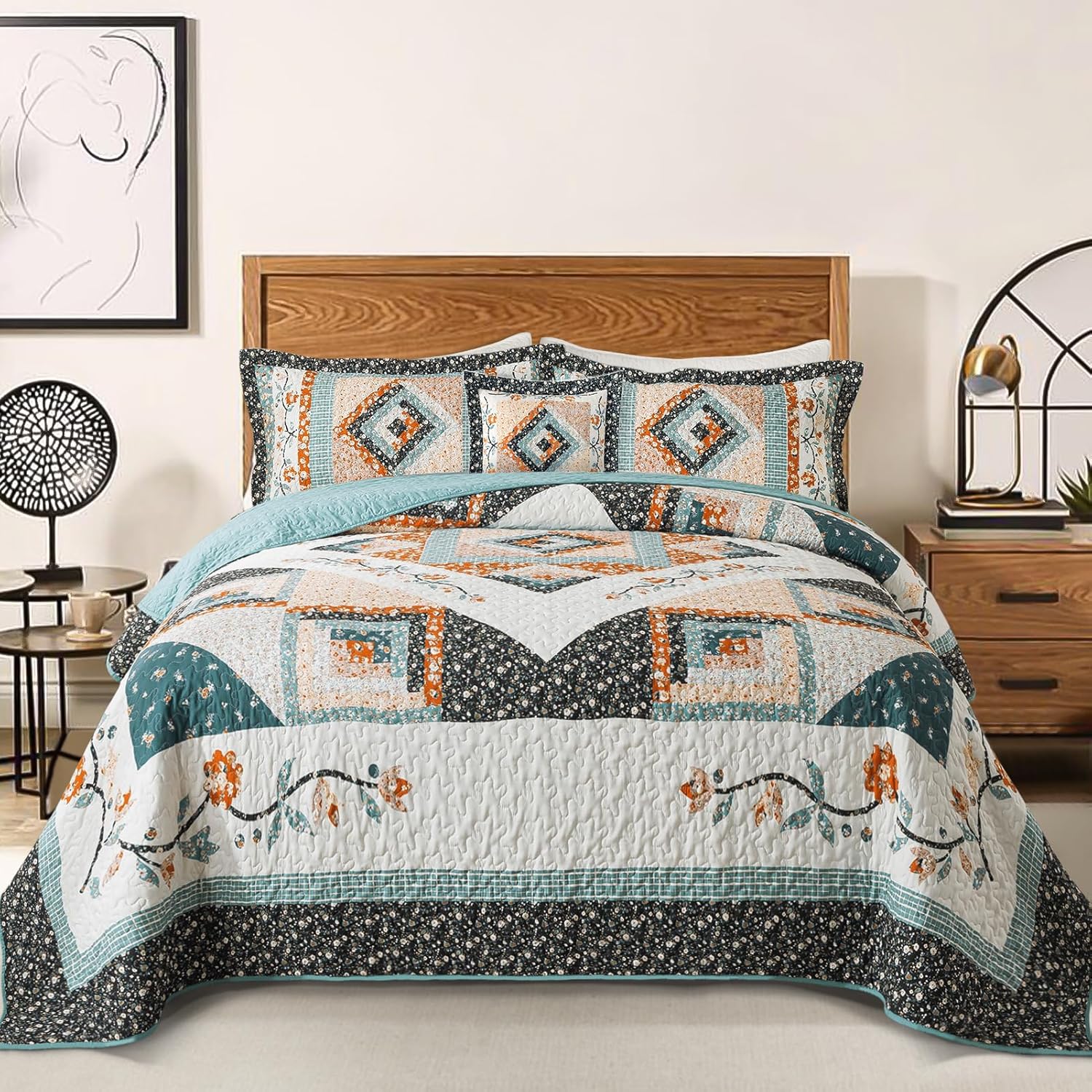 BEDIFANY Cotton California King Quilt Set (108 x 118 in) Floral Lightweight Bedspread with 2 Pillowcases