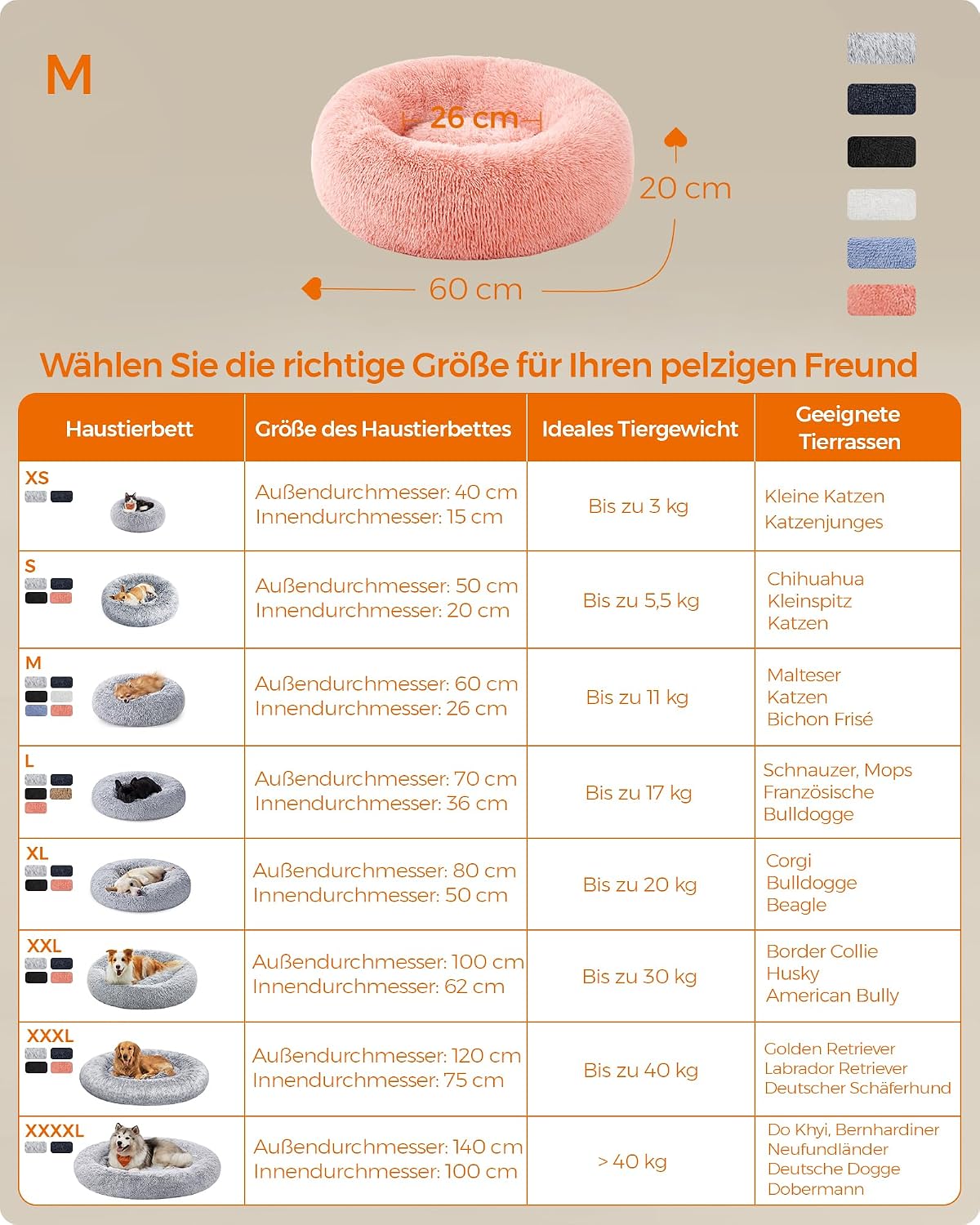 Detalle de Feandrea Donut-Hundebett flauschig pink, 60 cm Durchmesser