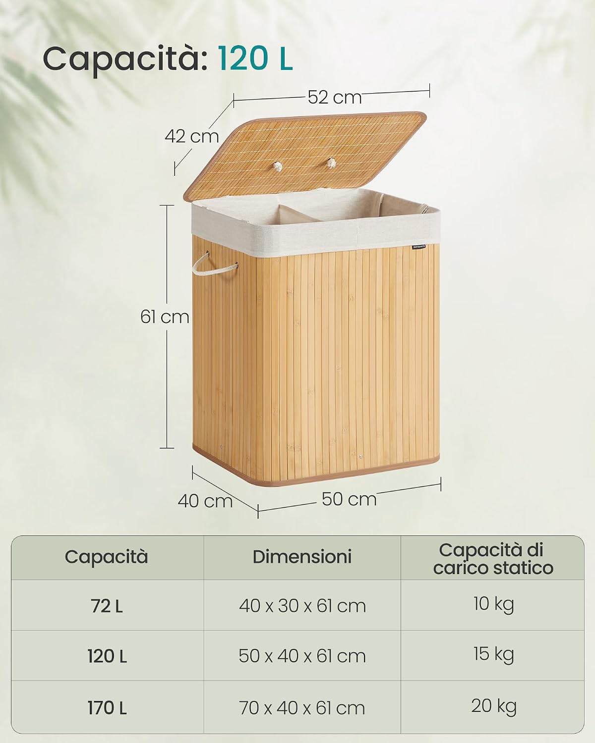 Thumbnail 4 de SONGMICS LCB014Y01 Cesta portabiancheria in bambù con coperchio, 2 scomparti e sacco lavabile da 120 L
