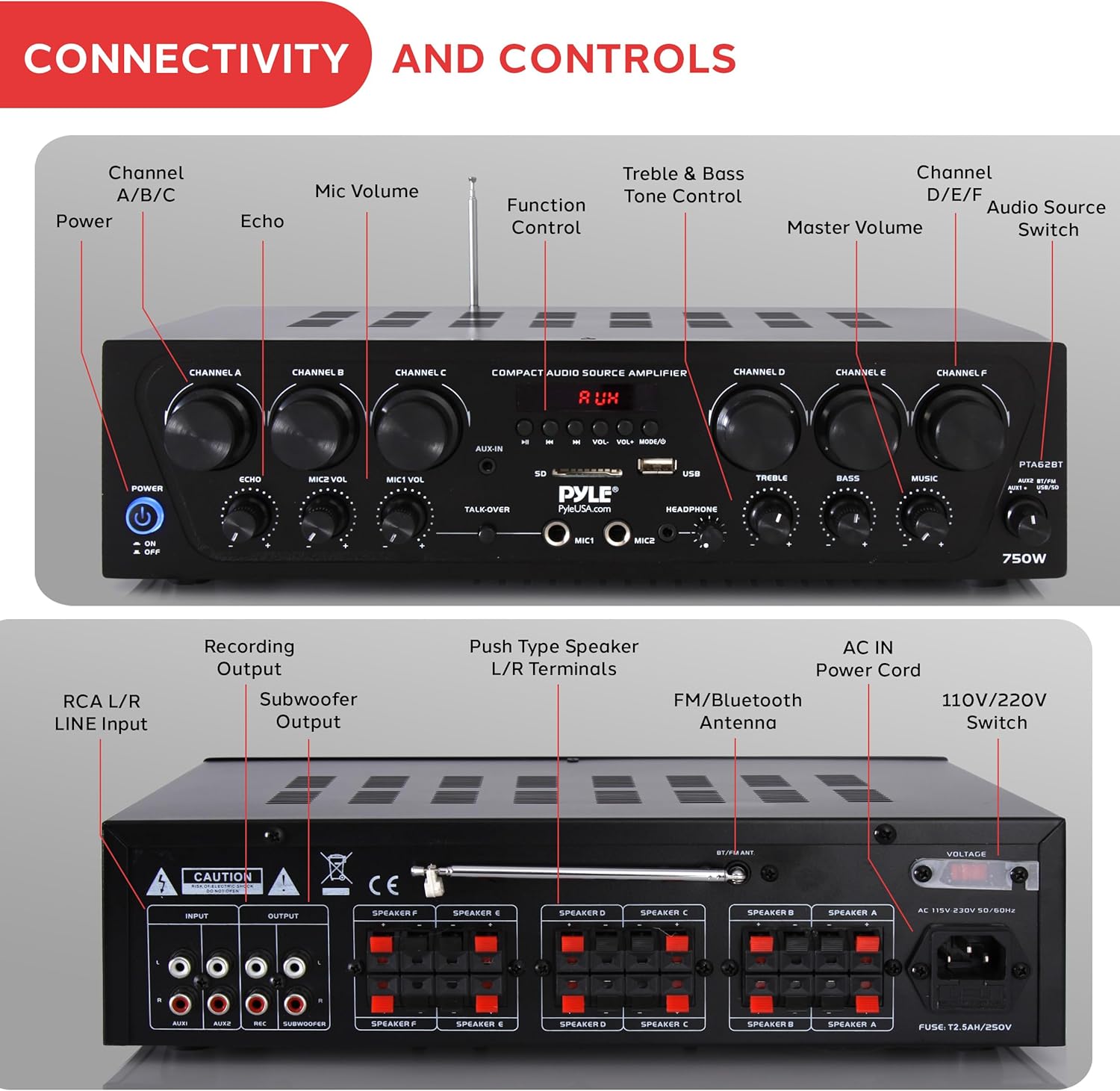 Thumbnail 2 de Pyle Wireless Bluetooth Karaoke Amplifier — 6 Channel 750W Power with Echo, Talk-Over and Subwoofer Output